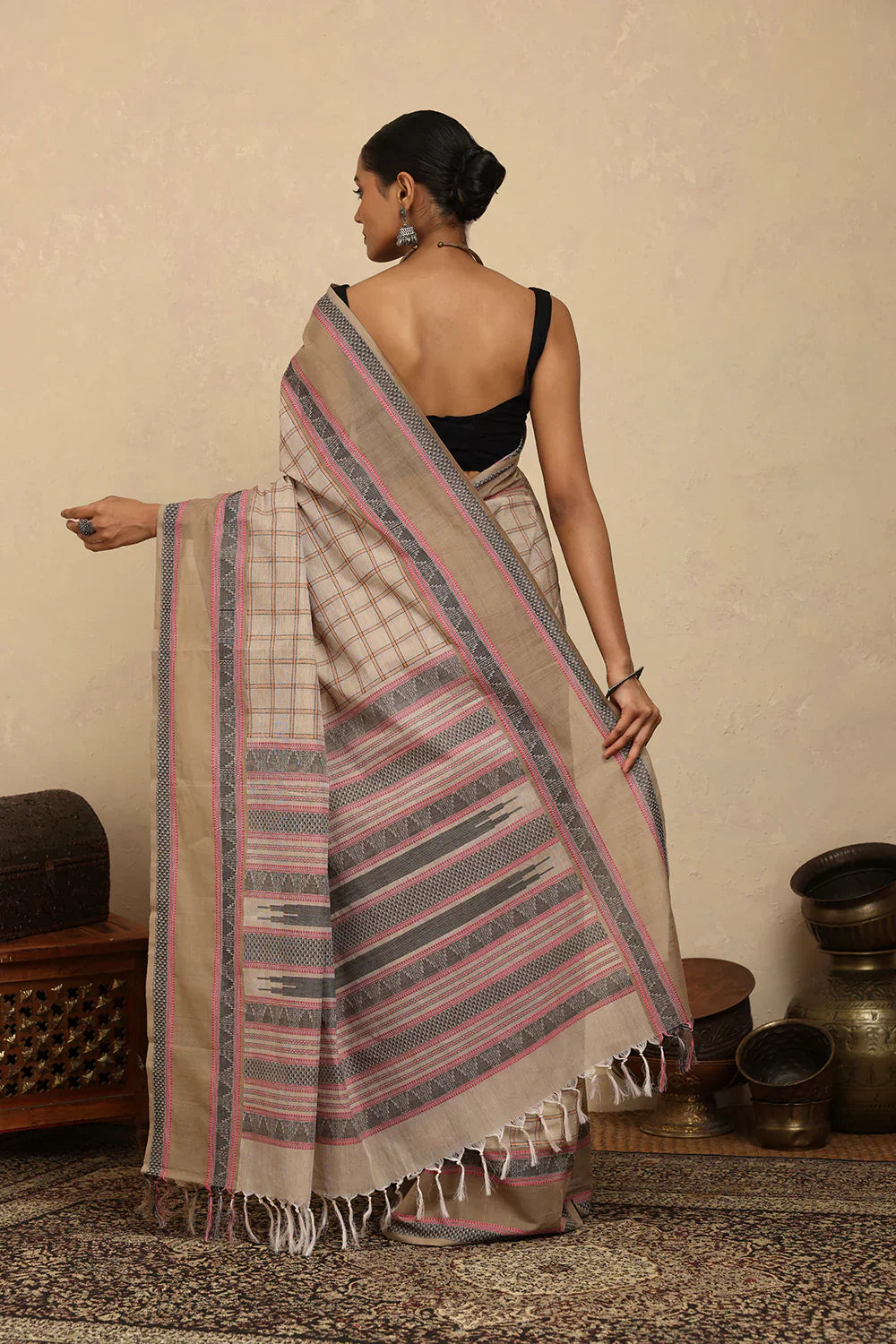 Handloom Beige Checks Kanchi Cotton Saree With Border | Shobitam