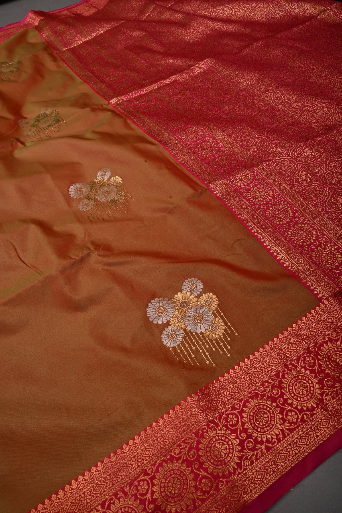 Pink-Green Dual Tone Kanchi Semi Silk Saree with Sona Rupa Butta and Zari Border | SHOBITAM