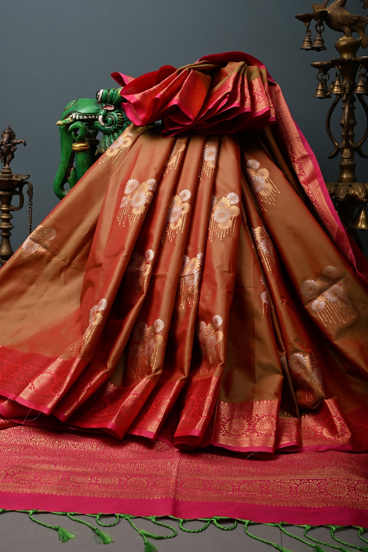 Pink-Green Dual Tone Kanchi Semi Silk Saree with Sona Rupa Butta and Zari Border | SHOBITAM