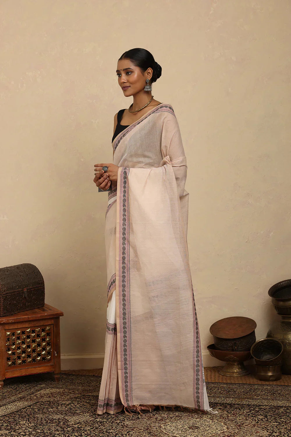 Handloom Beige and White Kanchi Cotton Saree | Shobitam