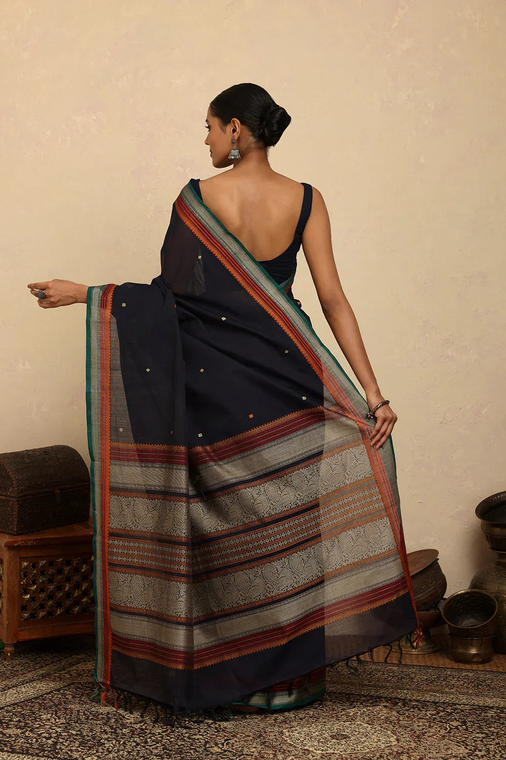 Handloom Navy Blue Kanchi Cotton Saree | Shobitam