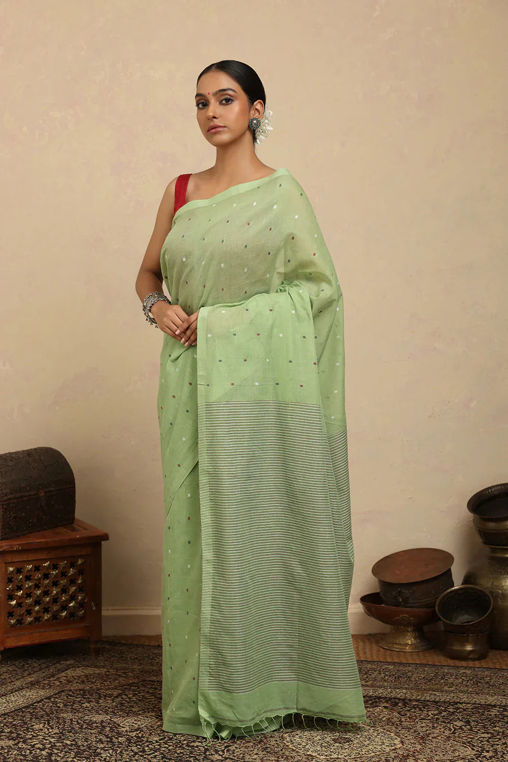 Handloom Green Polka Pure Cotton Jamdani Saree | Shobitam
