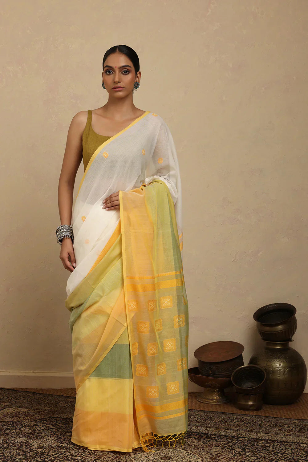 Handloom White and Yellow Pure Cotton Jamdani Saree | Shobitam