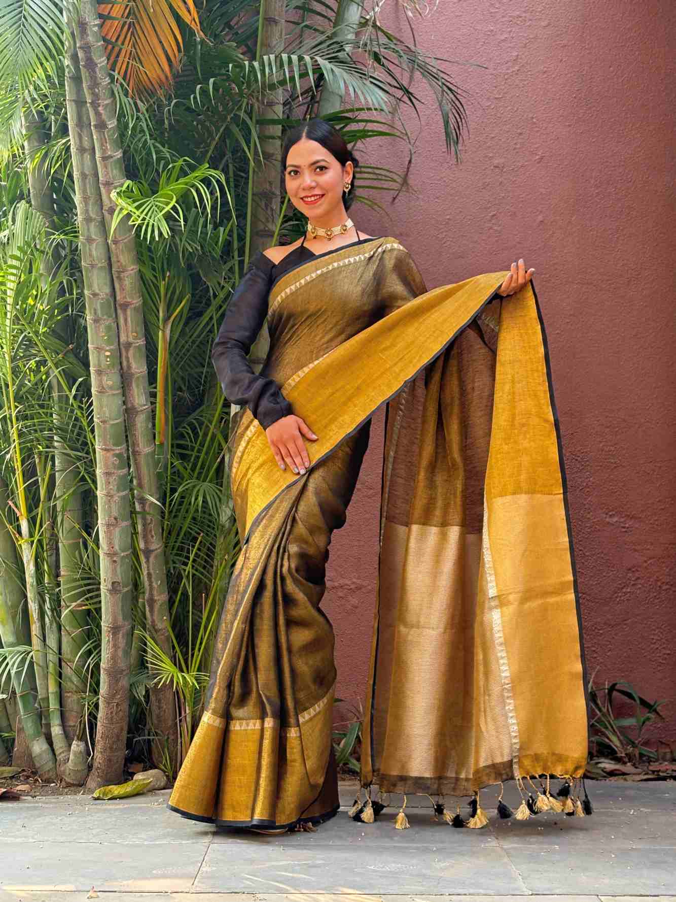 Blackish greyish Gold Metallic Tissue  With Temple & Broad Border  Wrap In One Minute Saree