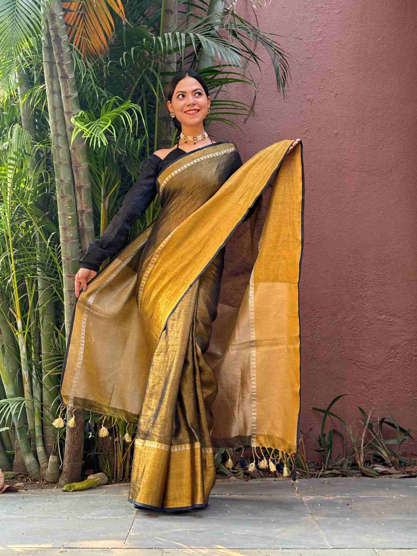 Blackish greyish Gold Metallic Tissue  With Temple & Broad Border  Wrap In One Minute Saree