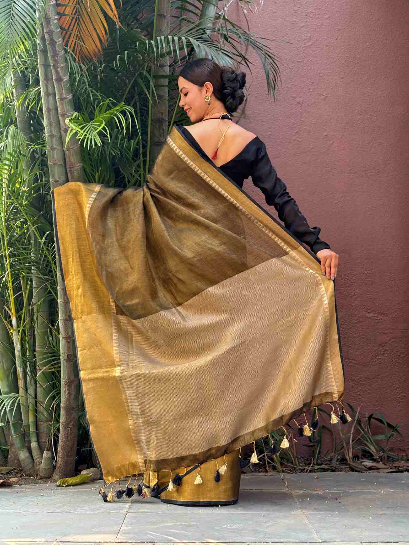 Blackish greyish Gold Metallic Tissue  With Temple & Broad Border  Wrap In One Minute Saree