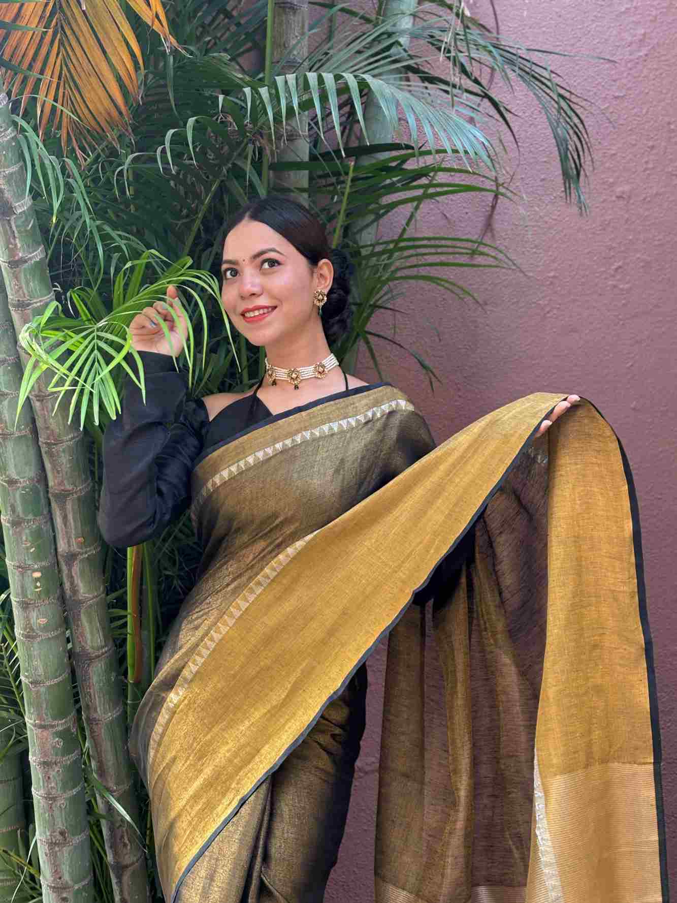 Blackish greyish Gold Metallic Tissue  With Temple & Broad Border  Wrap In One Minute Saree