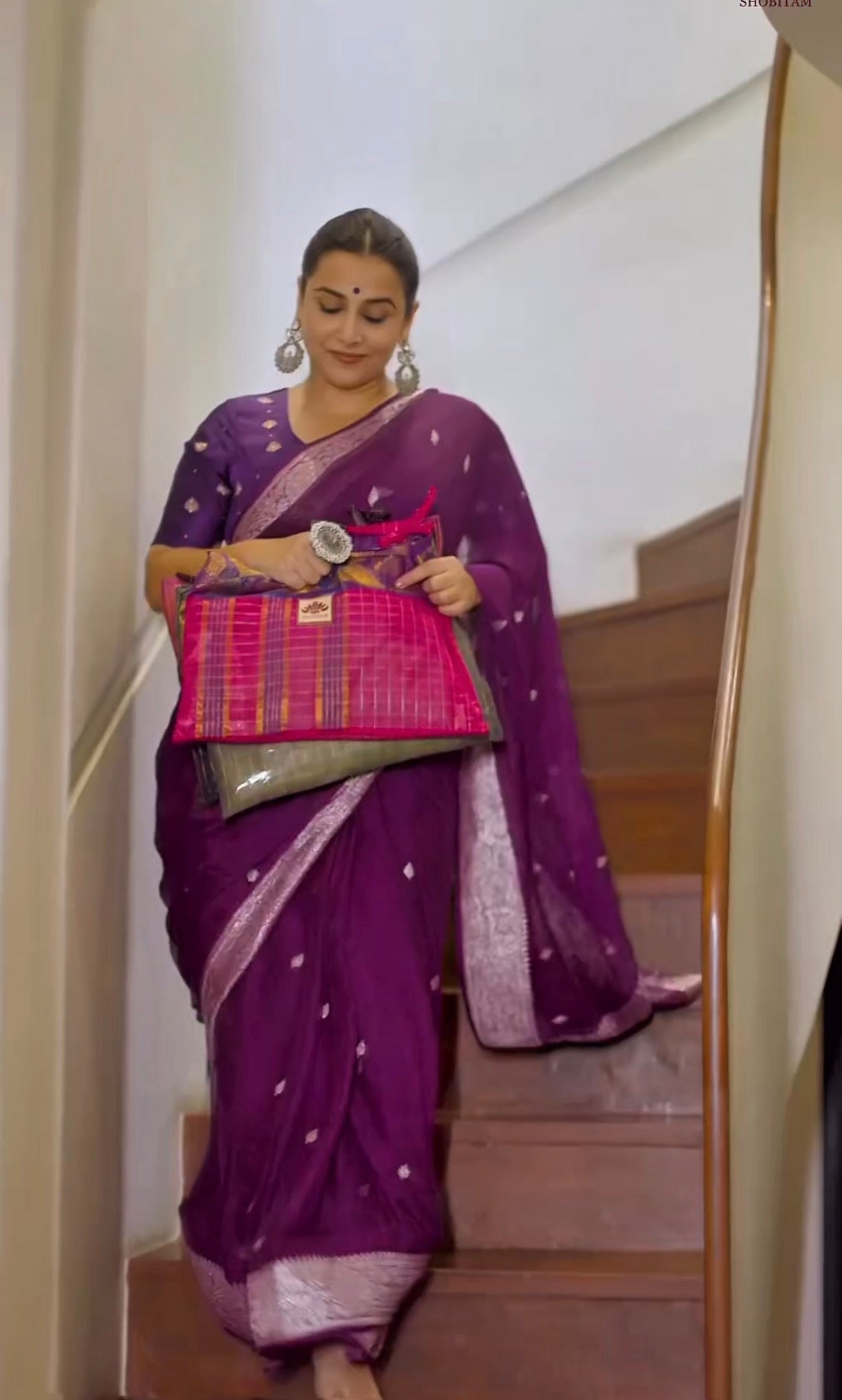 Pure Silk Chiffon Saree in Eggplant Purple with Silver Tone Zari Buttas & Zari Border | SILK MARK CERTIFIED Ready To Wear Saree