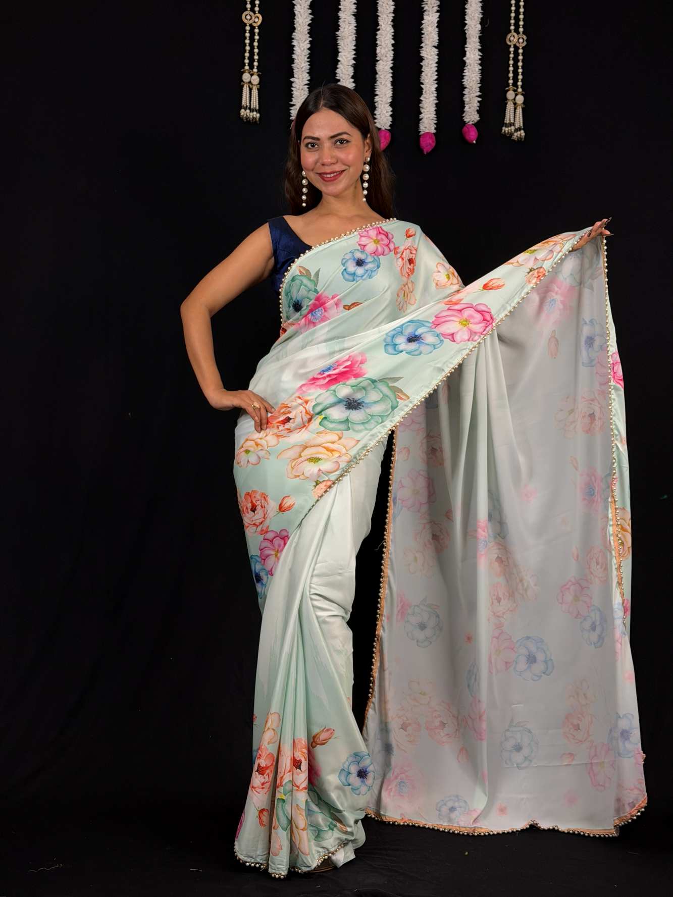 Ready To Wear Saree Floral Printed Soft Satin With Moti Lace