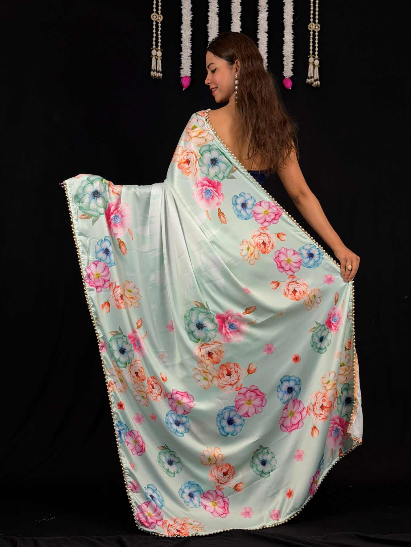 Ready To Wear Saree Floral Printed Soft Satin With Moti Lace