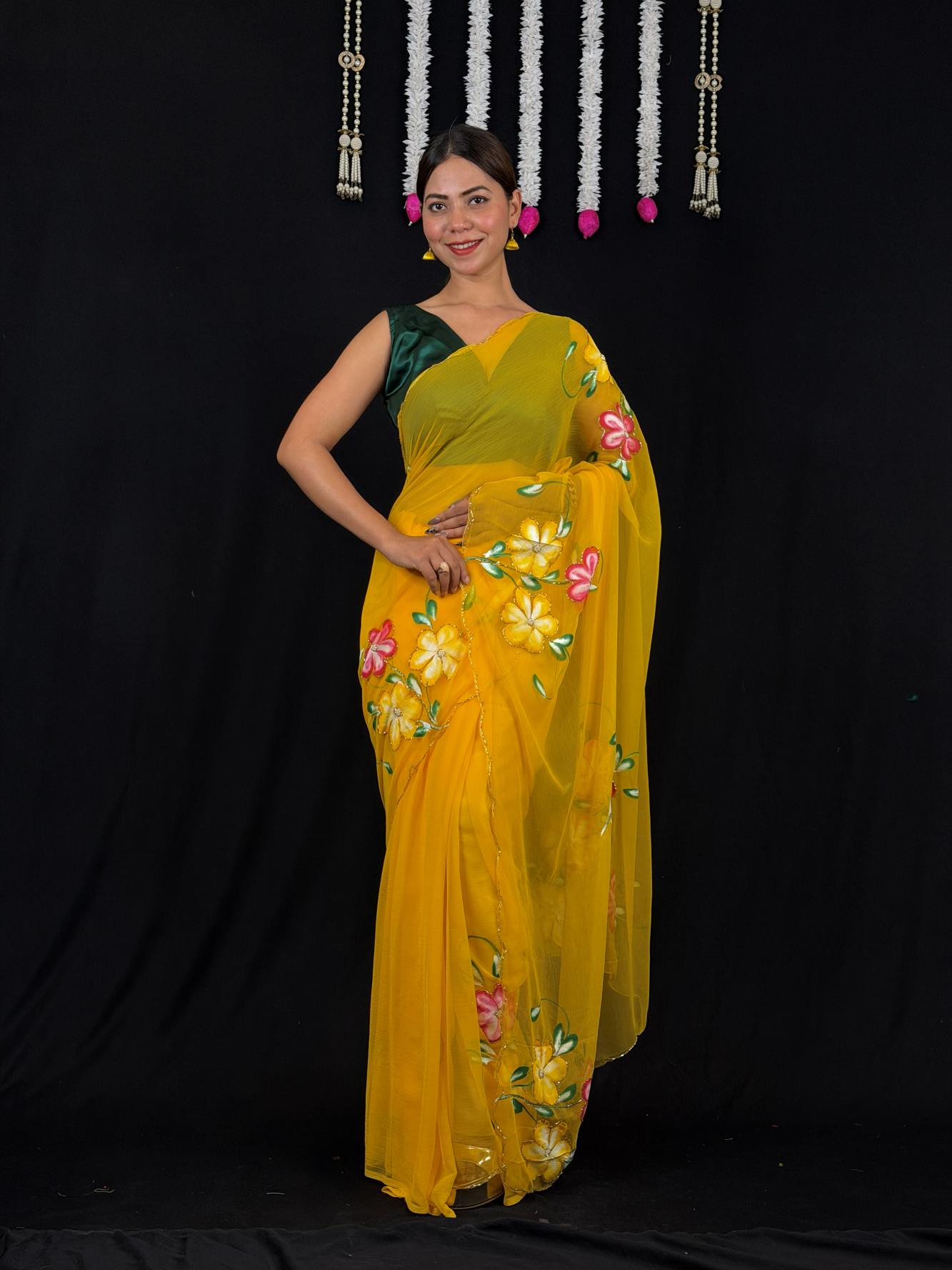 Soft Georgette Handwork Floral work  Wrap in one minute saree