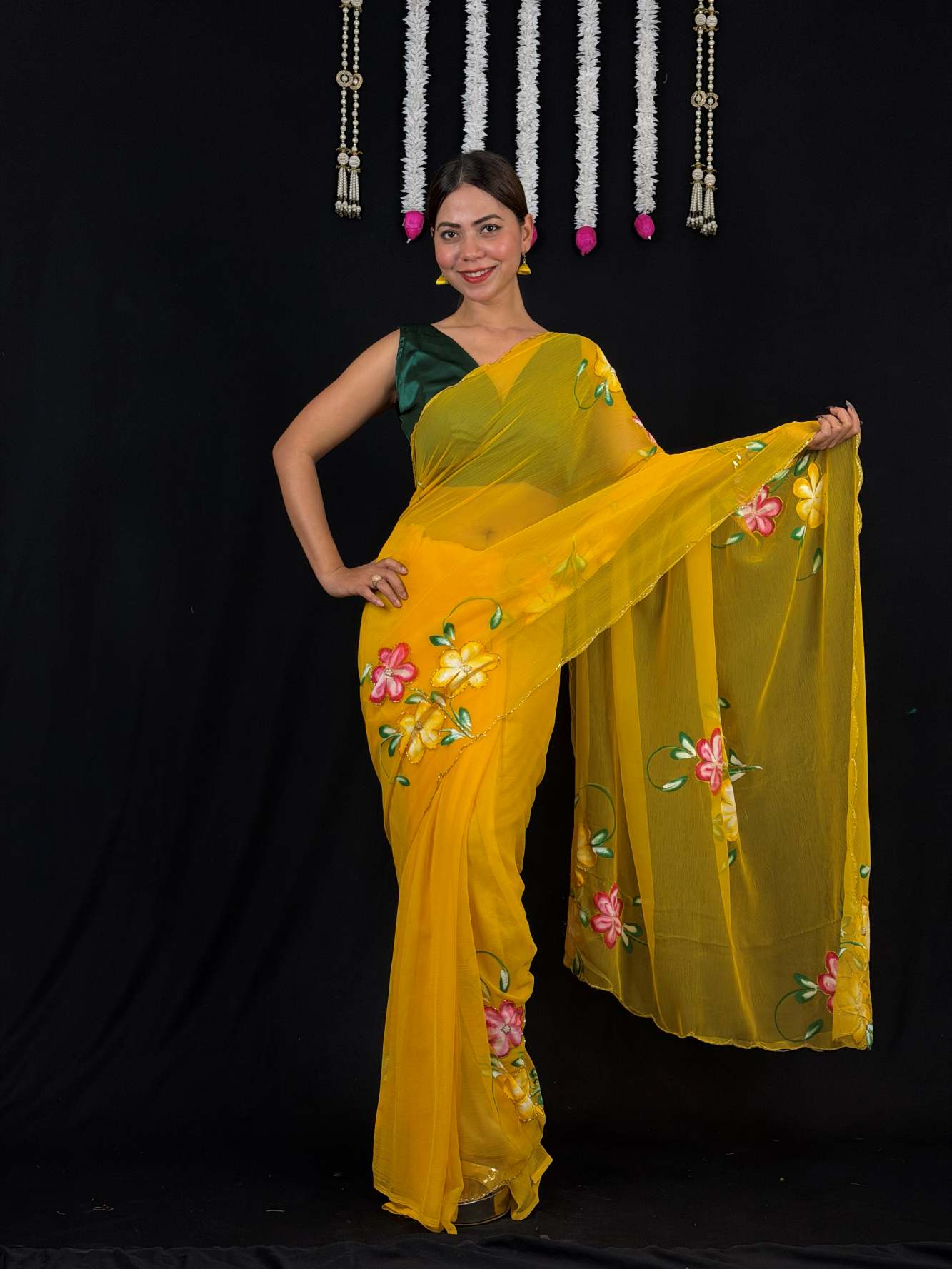 Soft Georgette Handwork Floral work  Wrap in one minute saree