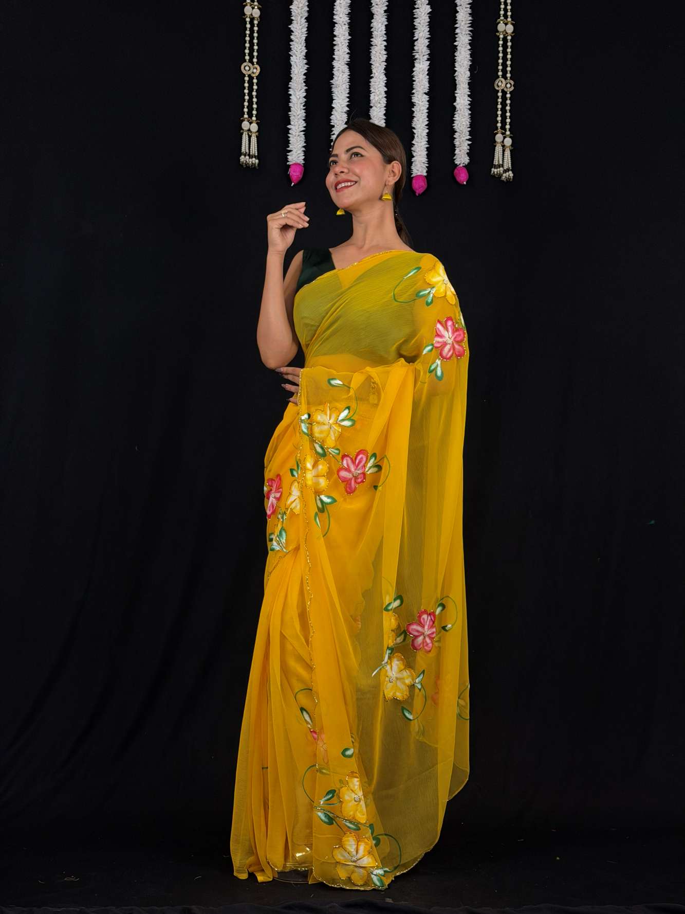 Soft Georgette Handwork Floral work  Wrap in one minute saree