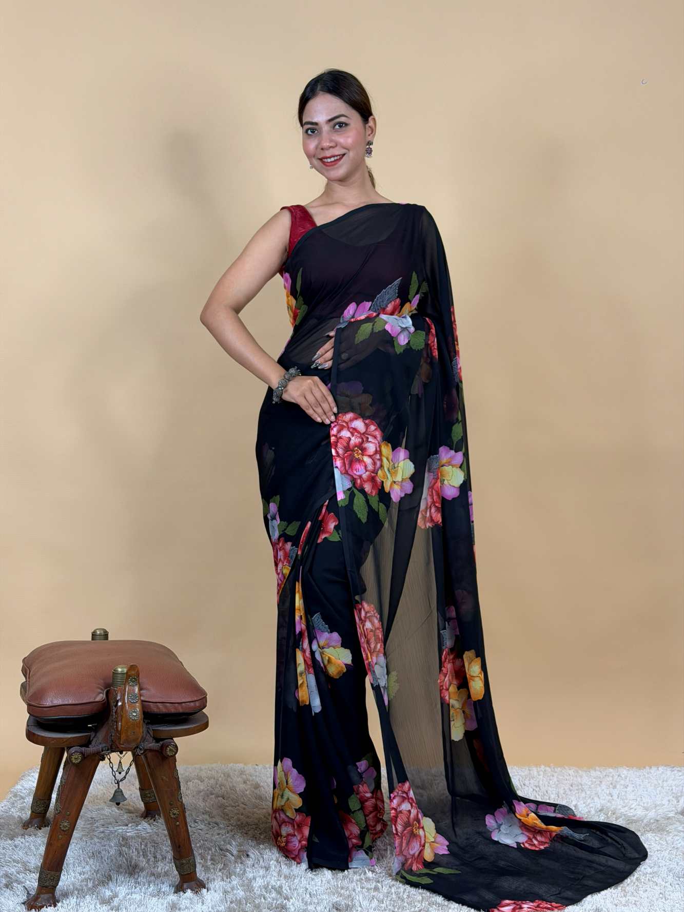 Soft pure Georgette Handwork Floral work  Wrap in one minute saree