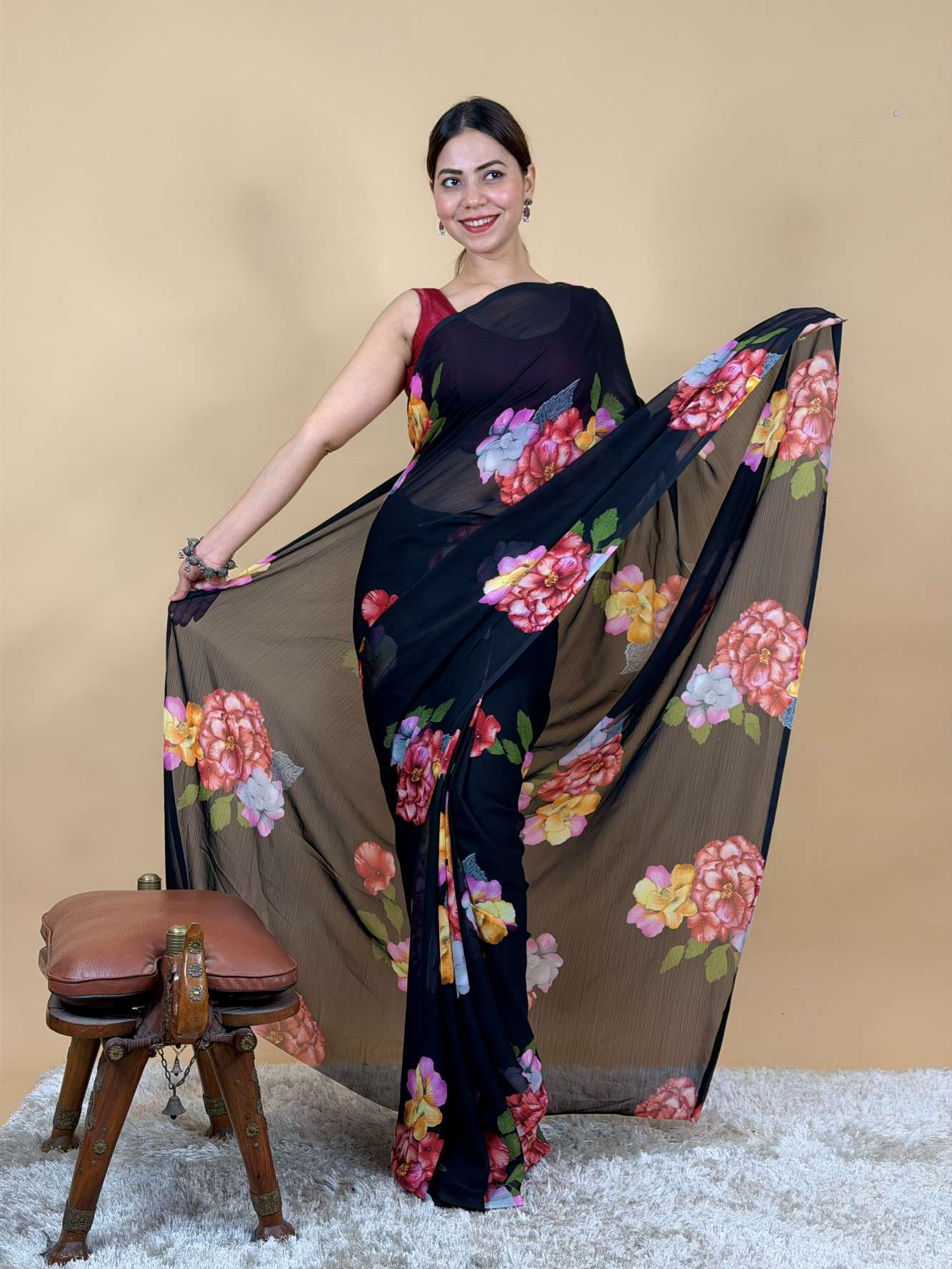 Soft pure Georgette Handwork Floral work  Wrap in one minute saree