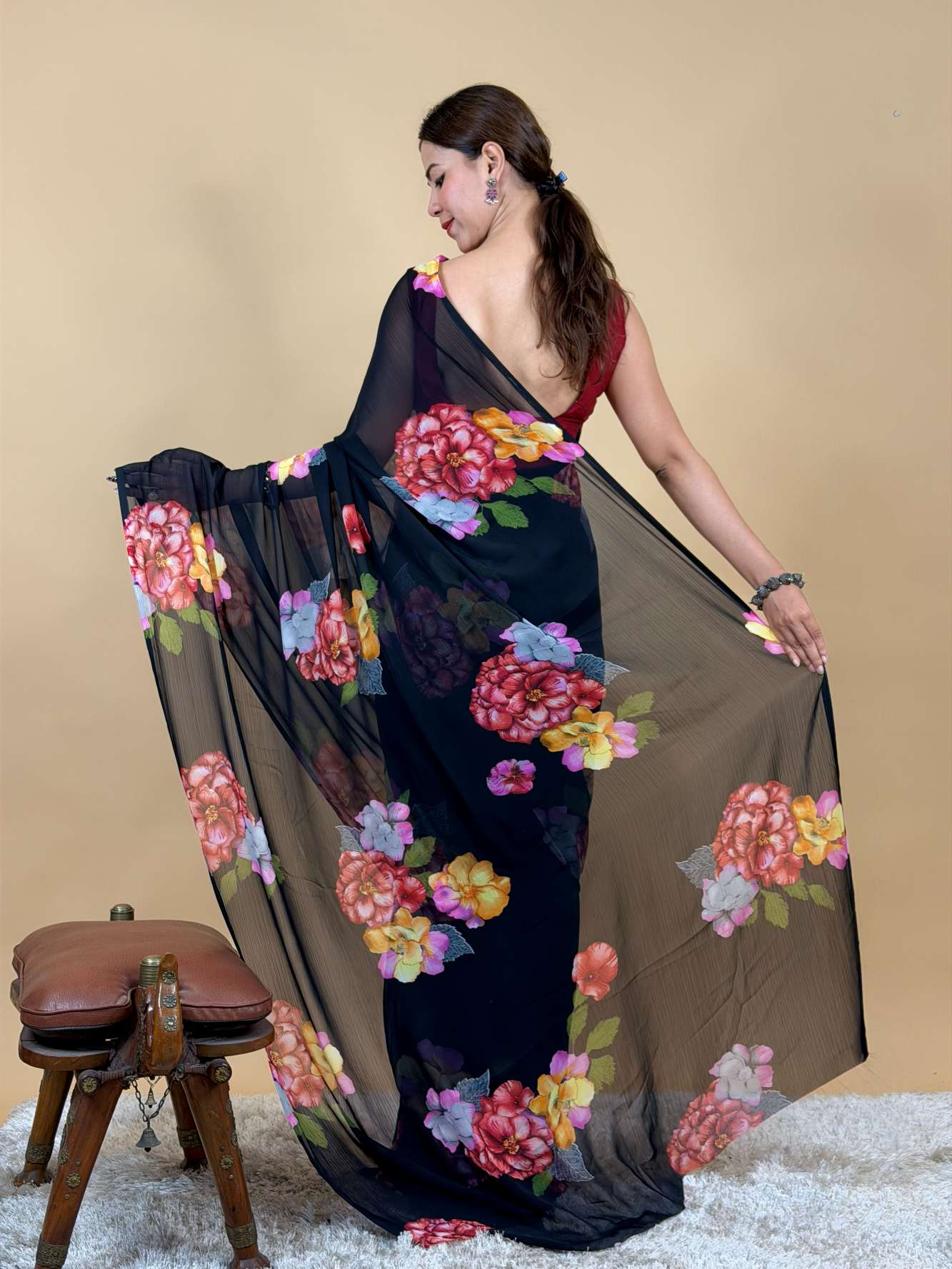 Soft pure Georgette Handwork Floral work  Wrap in one minute saree