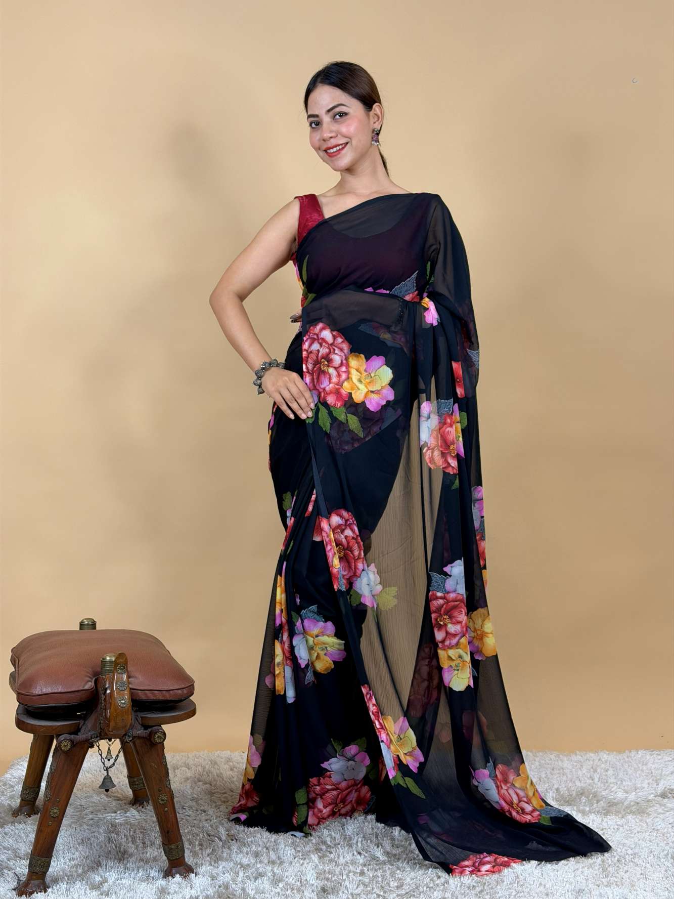 Soft pure Georgette Handwork Floral work  Wrap in one minute saree