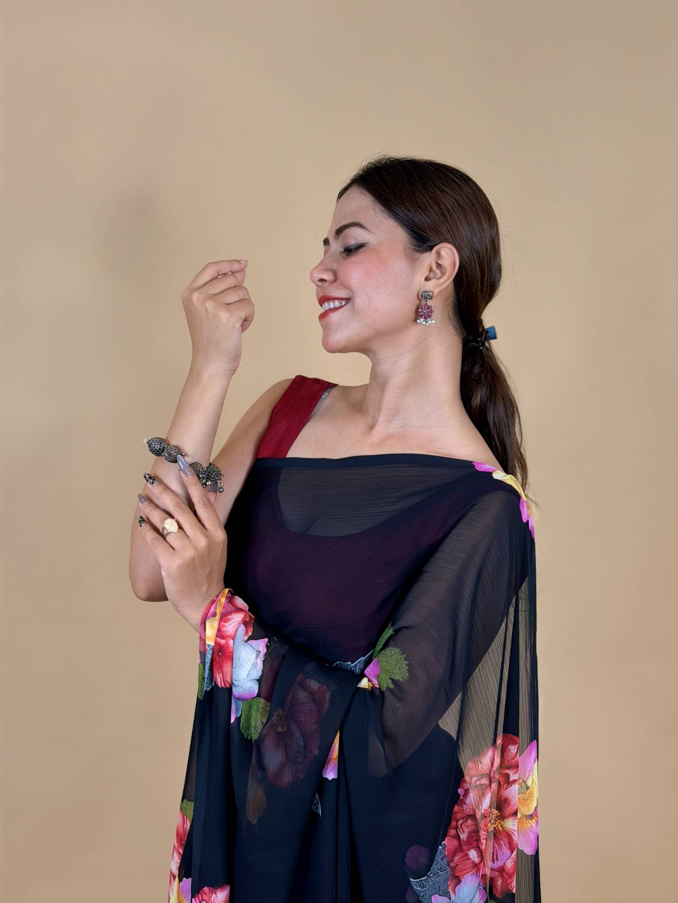 Soft pure Georgette Handwork Floral work  Wrap in one minute saree