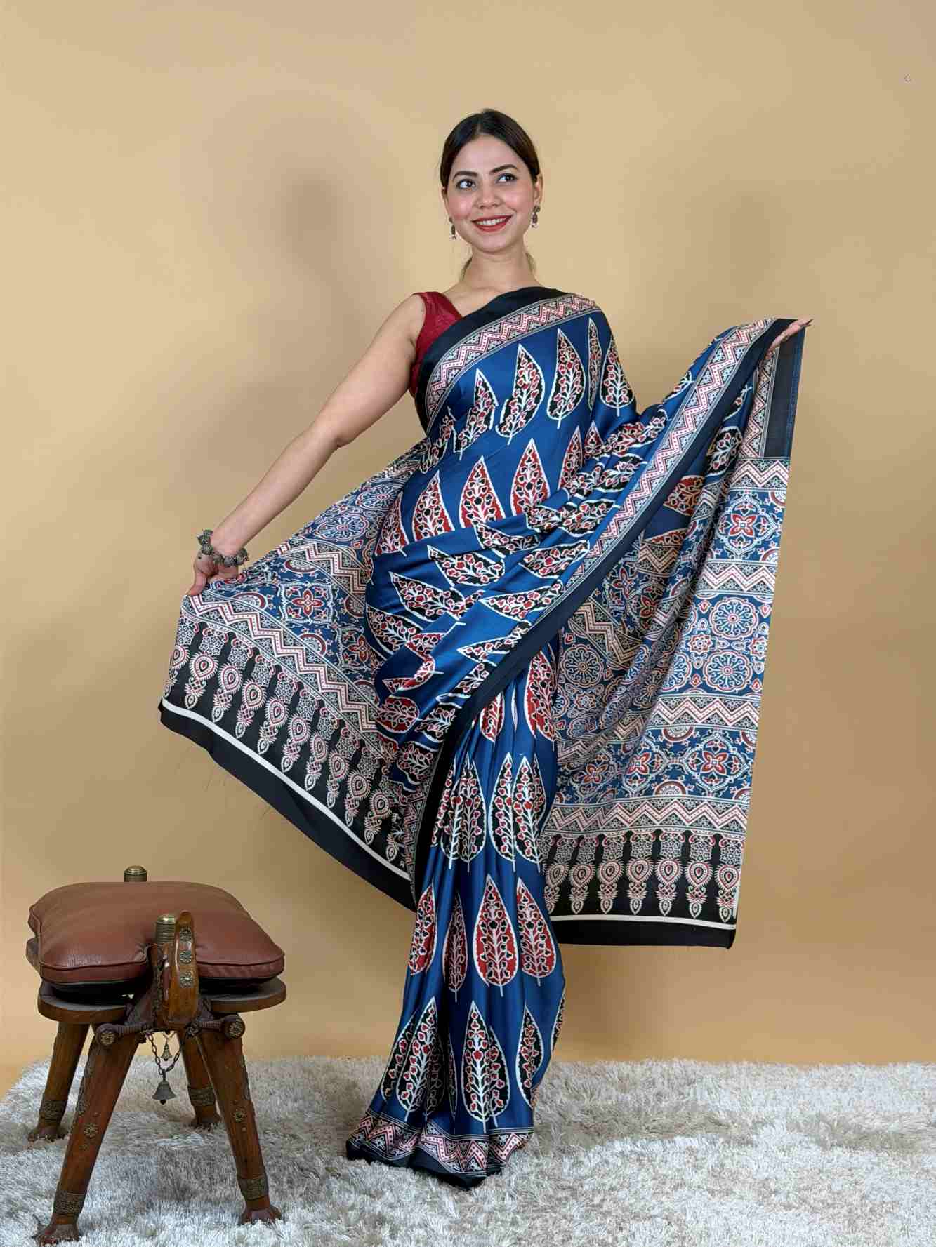 Wrap in one minute saree Ajrak Mill Printed Japan Satin Silk
