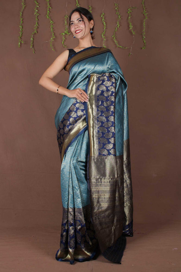 Stunning Blue Kanjivaram Pattu  Jacquard Wrap in 1 minute saree with ready blouse - Isadora Life Online Shopping Store