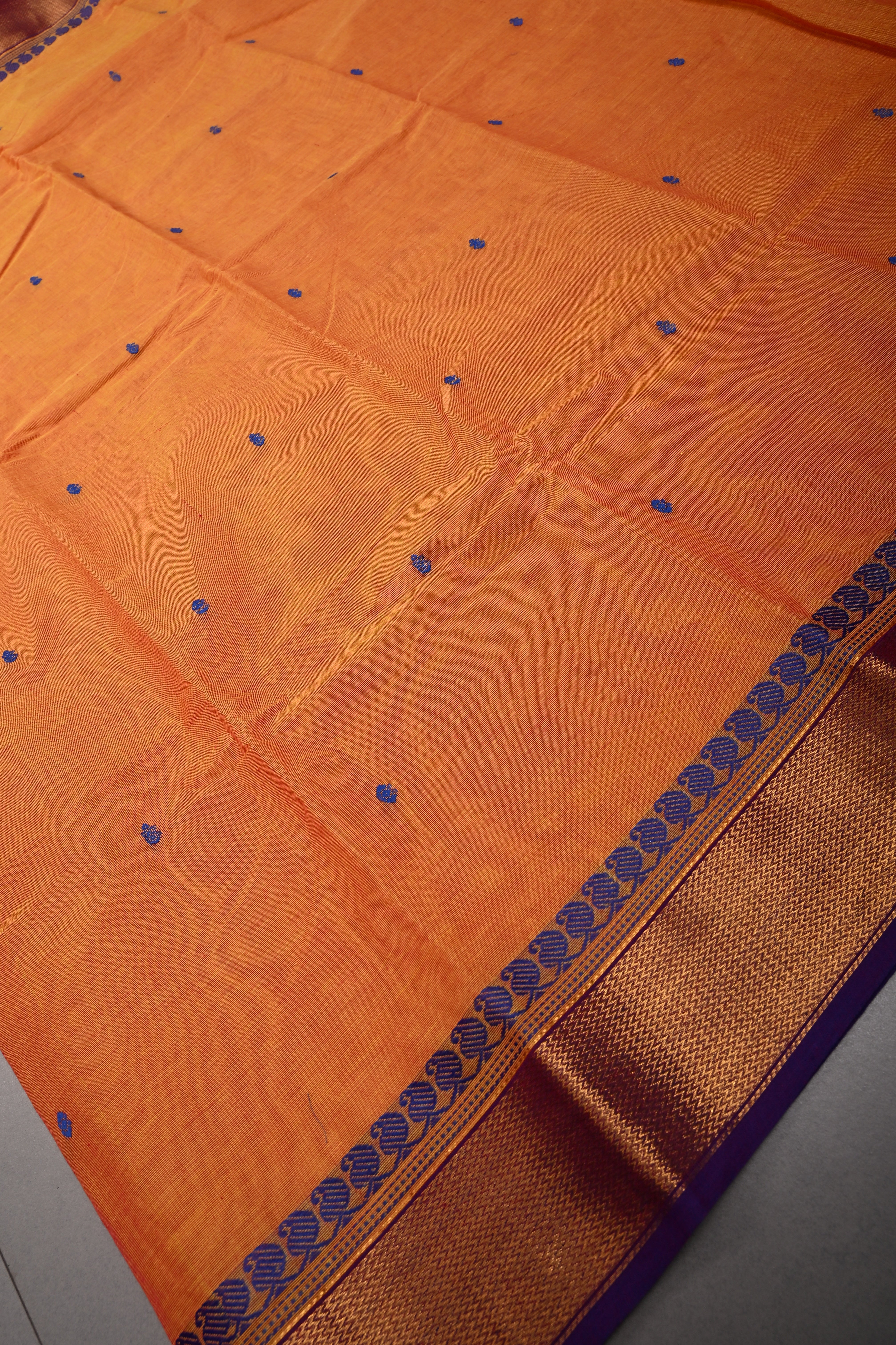 Mustard Orange Kanchi Cotton Saree with Thread Buttas and Contrast Zari Borders | SHOBITAM