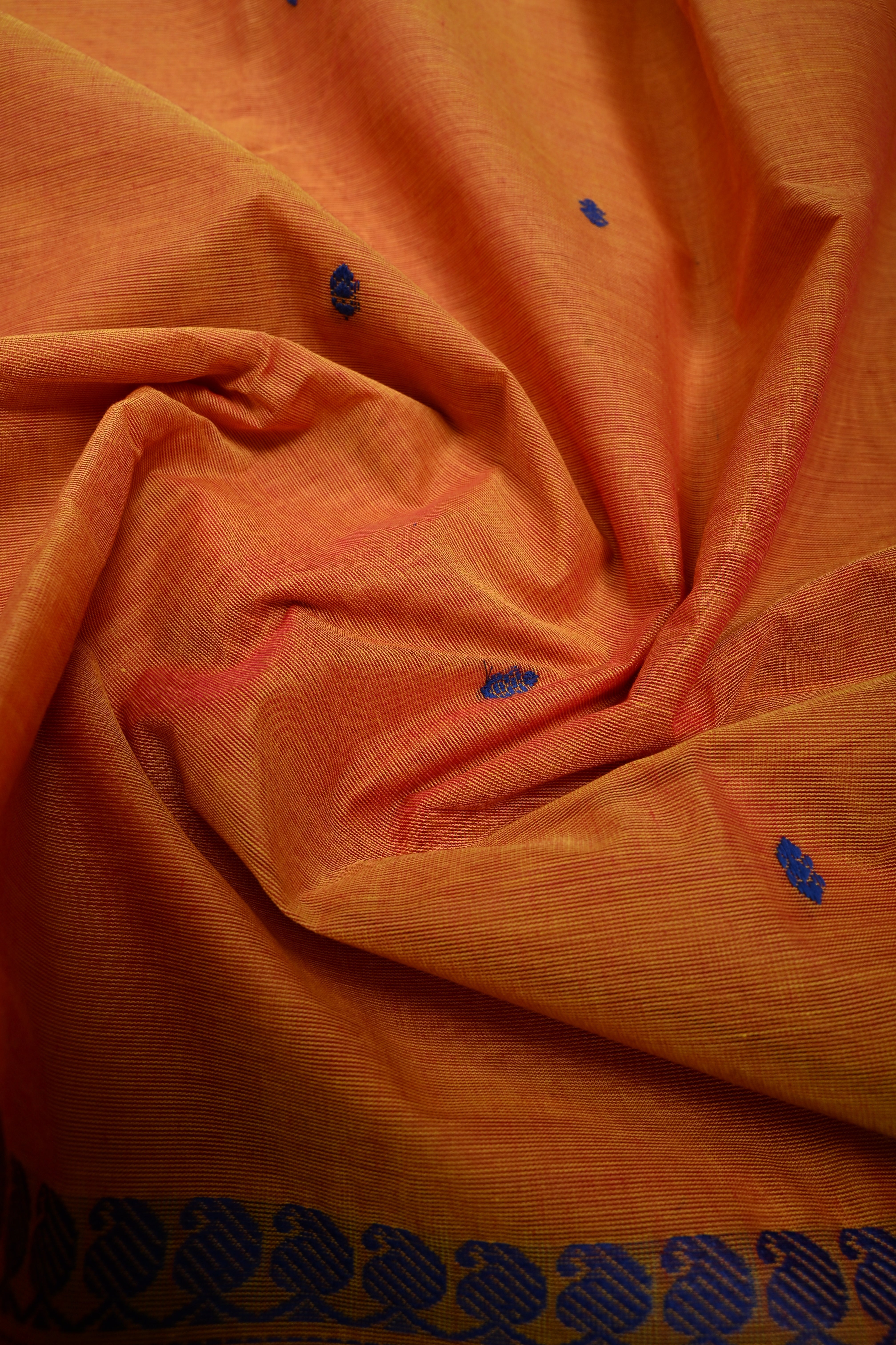 Mustard Orange Kanchi Cotton Saree with Thread Buttas and Contrast Zari Borders | SHOBITAM