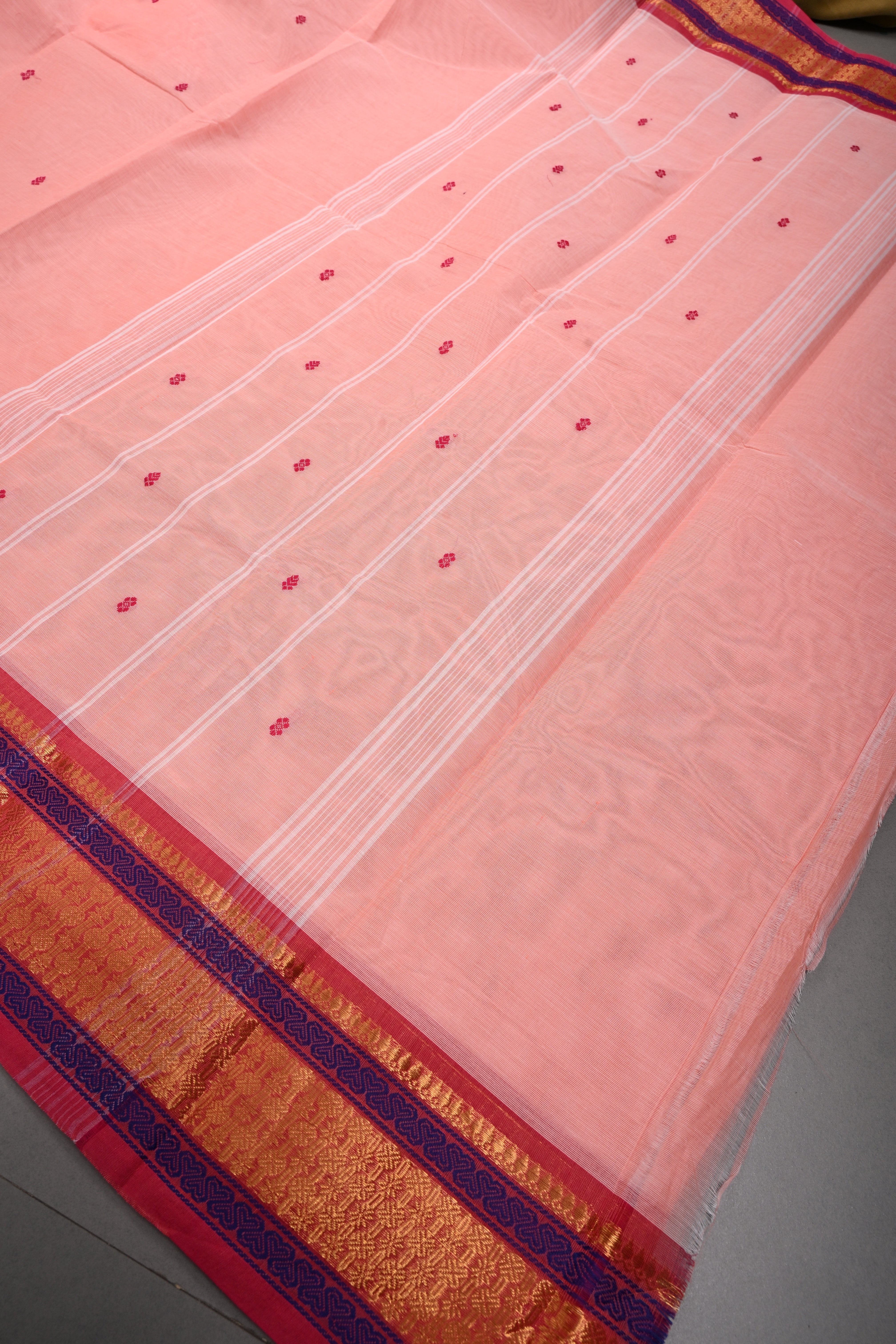 Rose Pink Kanchi Cotton Saree with Thread Buttas and Contrast Zari Borders | SHOBITAM