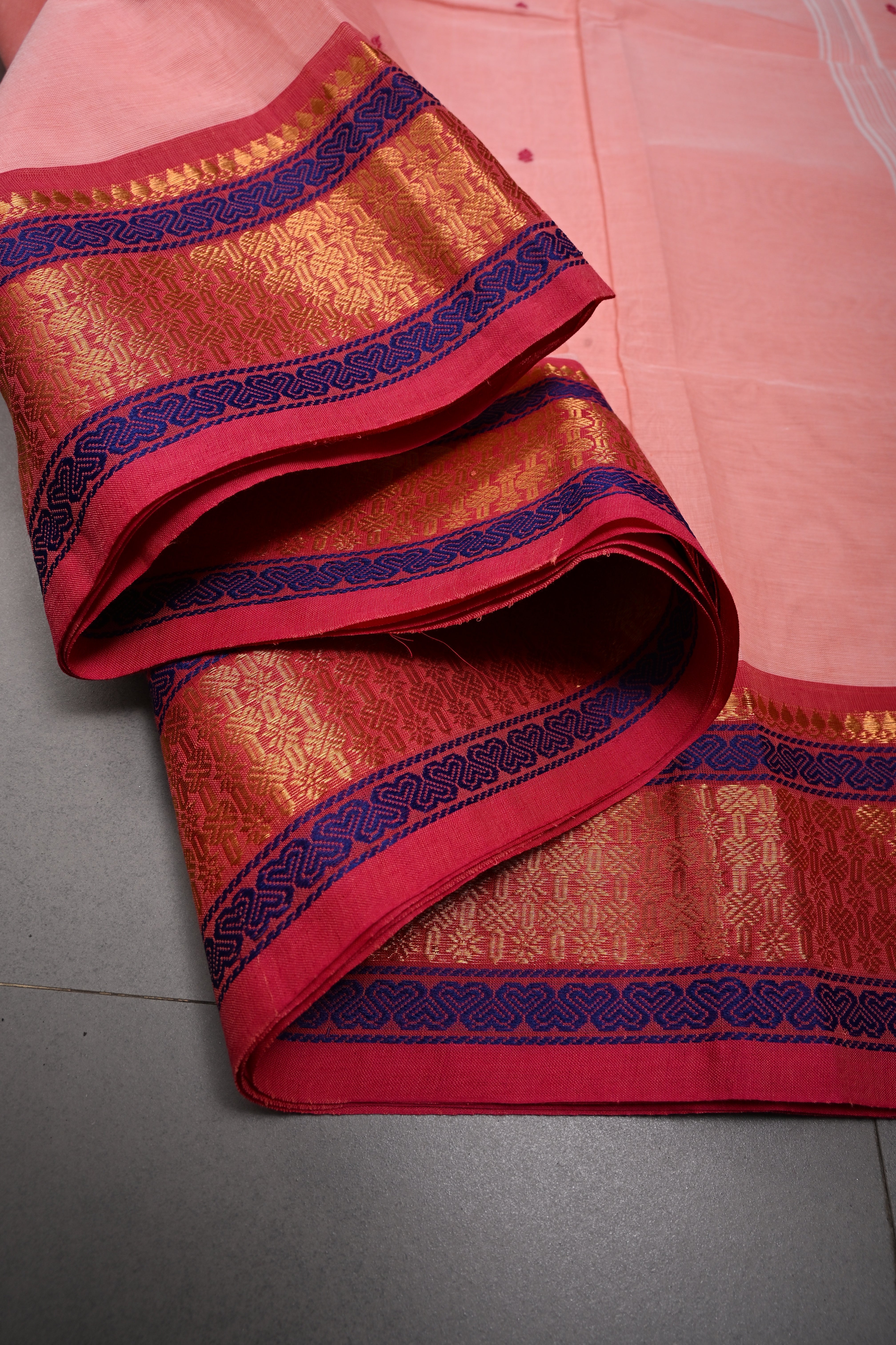 Rose Pink Kanchi Cotton Saree with Thread Buttas and Contrast Zari Borders | SHOBITAM