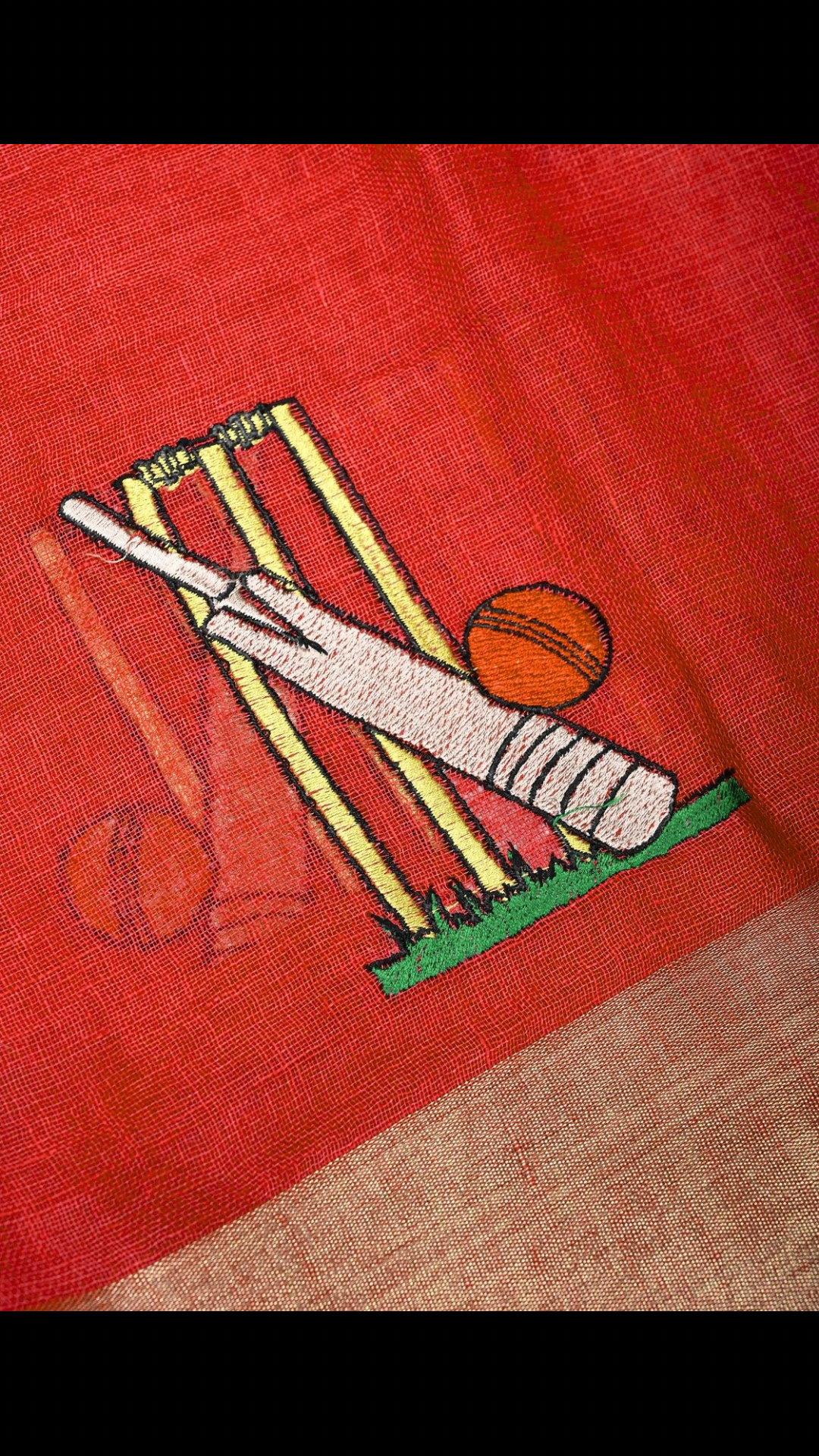Cricket Set Theme : Red Pure Linen by Linen Saree with Embroidery and Zari Border | Shobitam