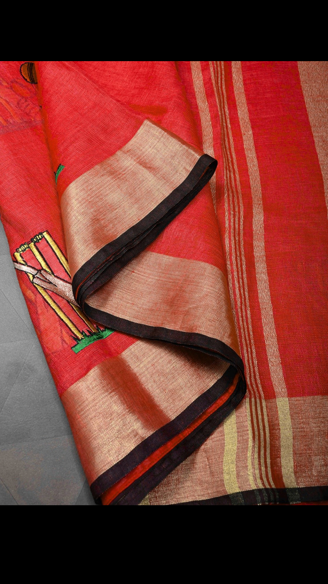 Cricket Set Theme : Red Pure Linen by Linen Saree with Embroidery and Zari Border | Shobitam