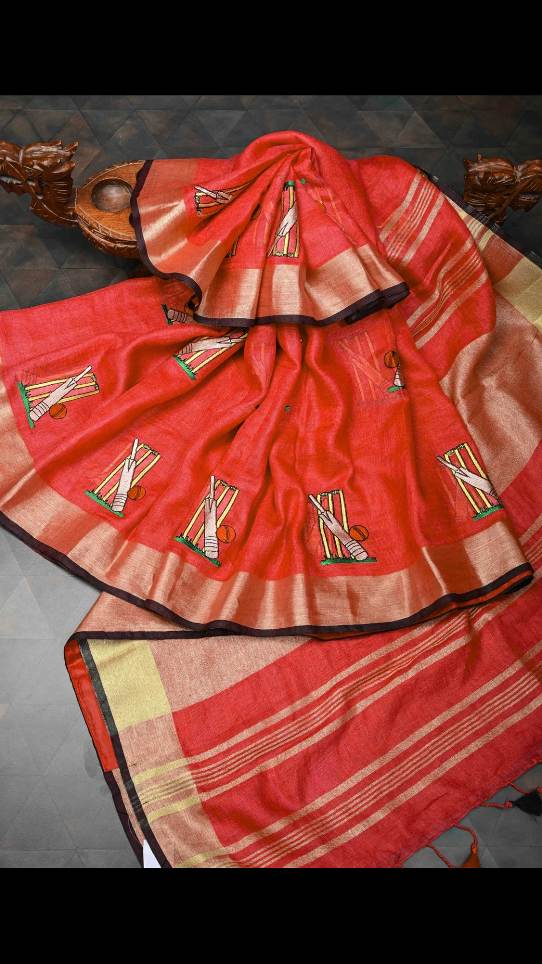 Cricket Set Theme : Red Pure Linen by Linen Saree with Embroidery and Zari Border | Shobitam