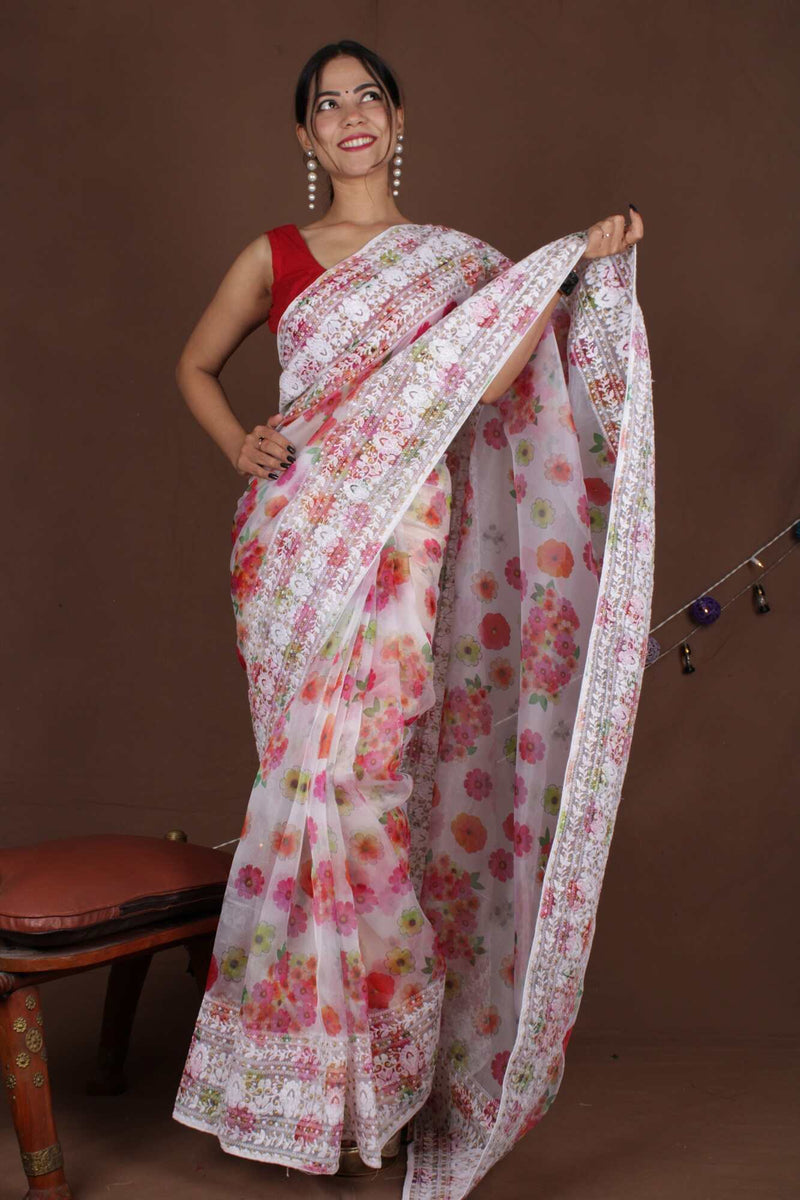 Readymade Saree Floral Embroidered Organza Ready to Wear One Minute Saree with Stitched Blouse - Isadora Life Online Shopping Store