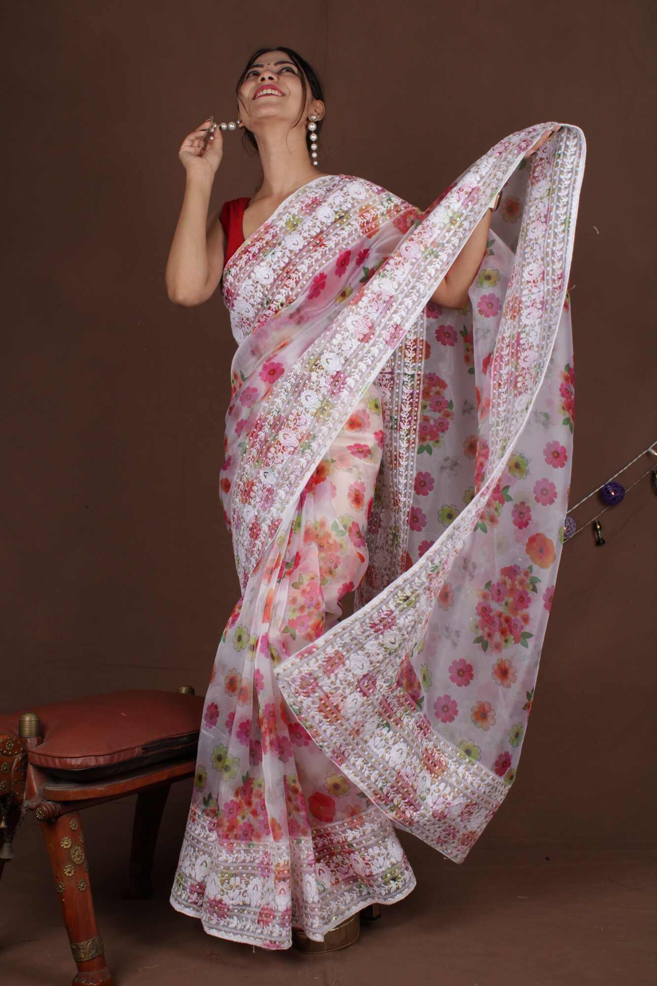 Readymade Saree Floral Embroidered Organza Ready to Wear One Minute Saree with Stitched Blouse - Isadora Life Online Shopping Store