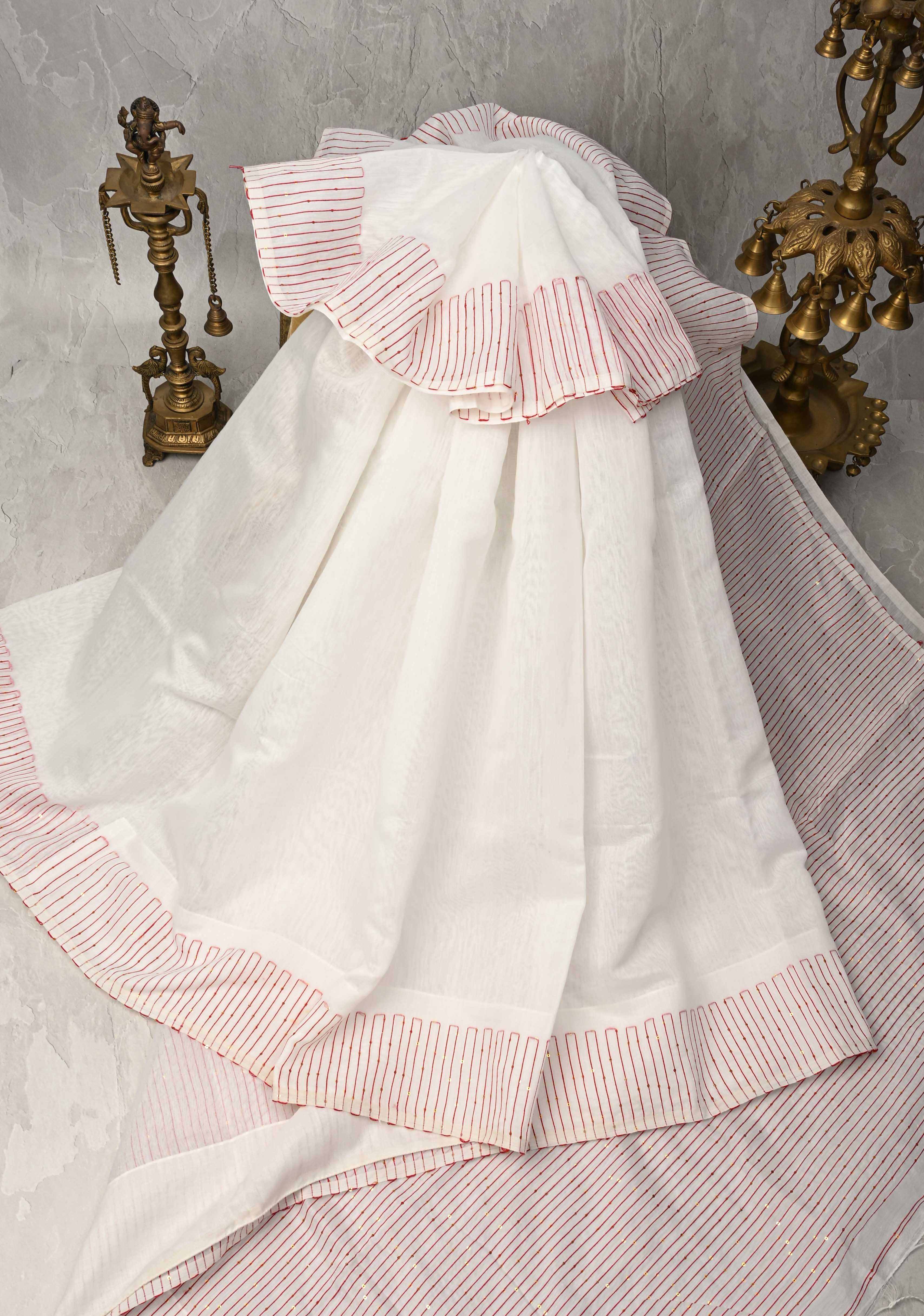 White Cotton Blend Saree with Sequins Border and Pallu | Shobitam