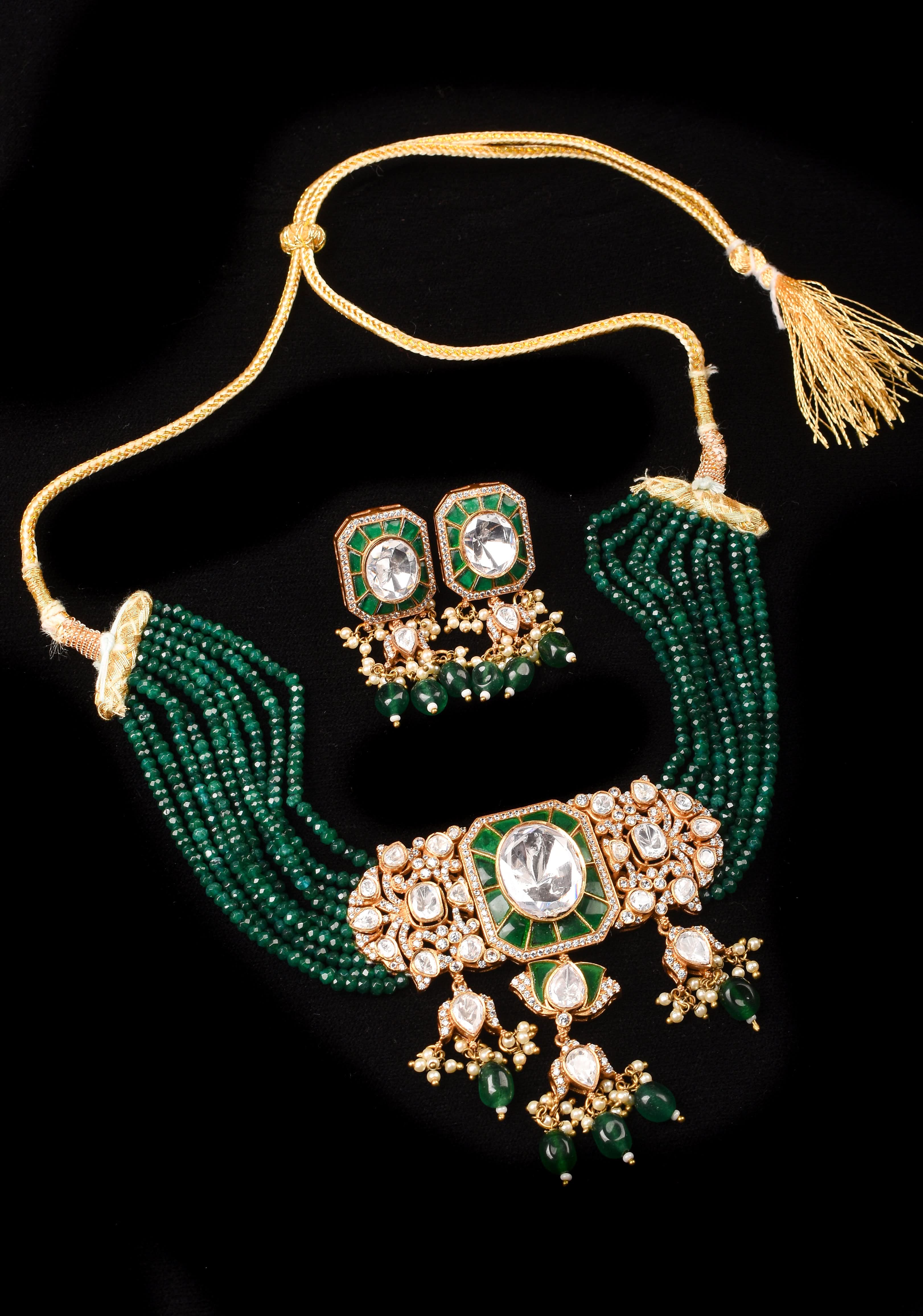 Green and White Moissanite stone Green Choker Set with 9 Strand Sides | Shobitam