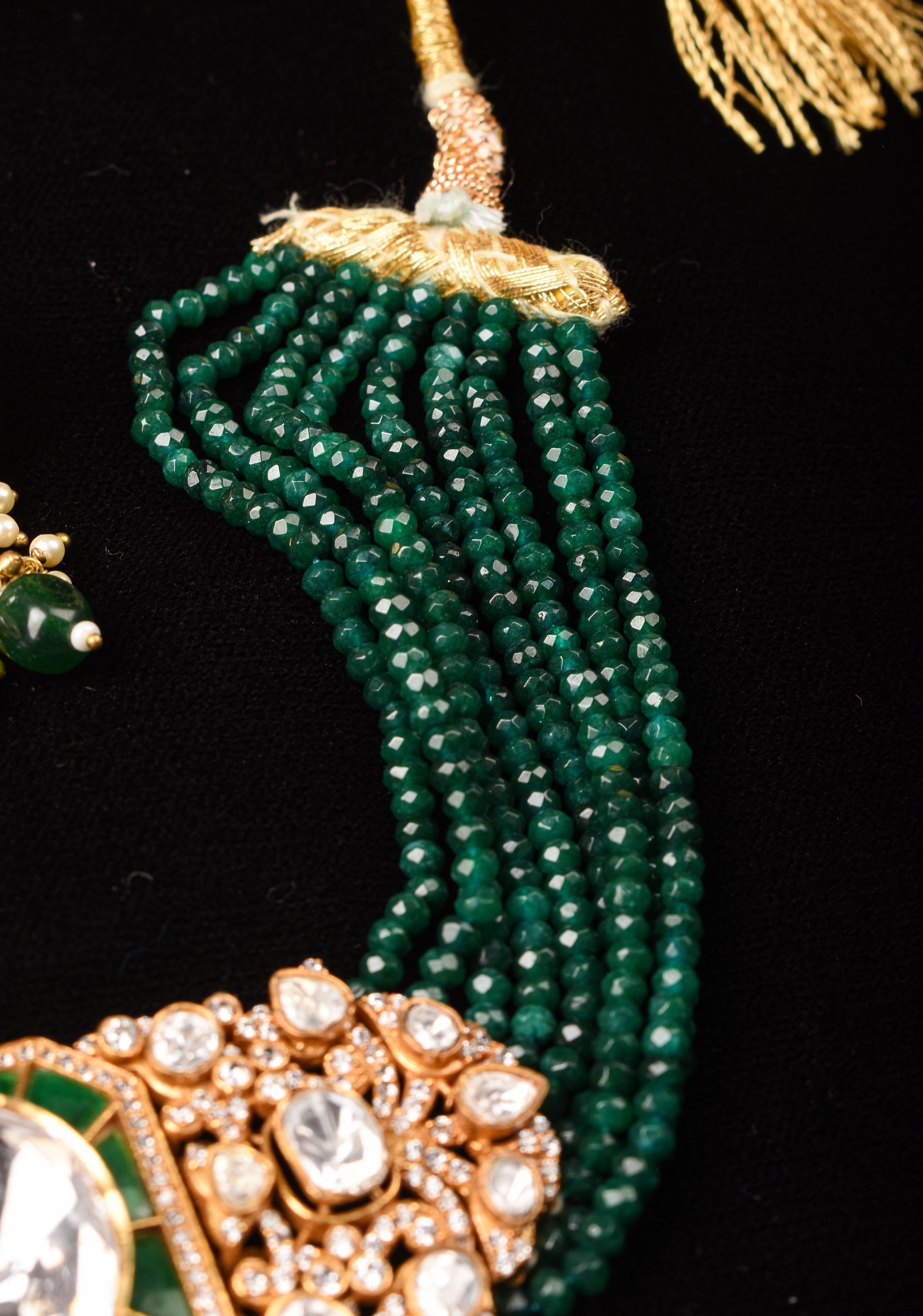 Green and White Moissanite stone Green Choker Set with 9 Strand Sides | Shobitam