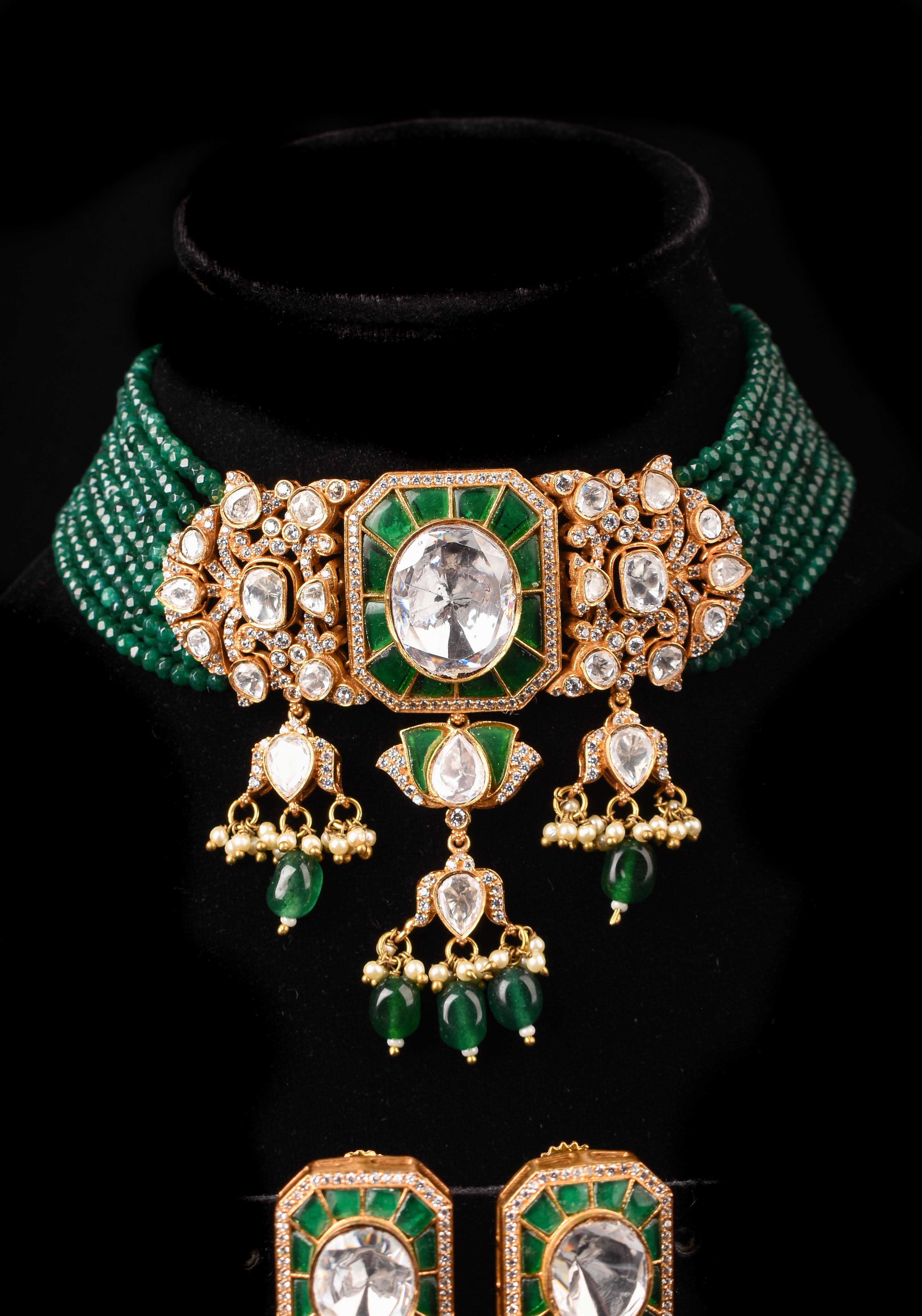 Green and White Moissanite stone Green Choker Set with 9 Strand Sides | Shobitam