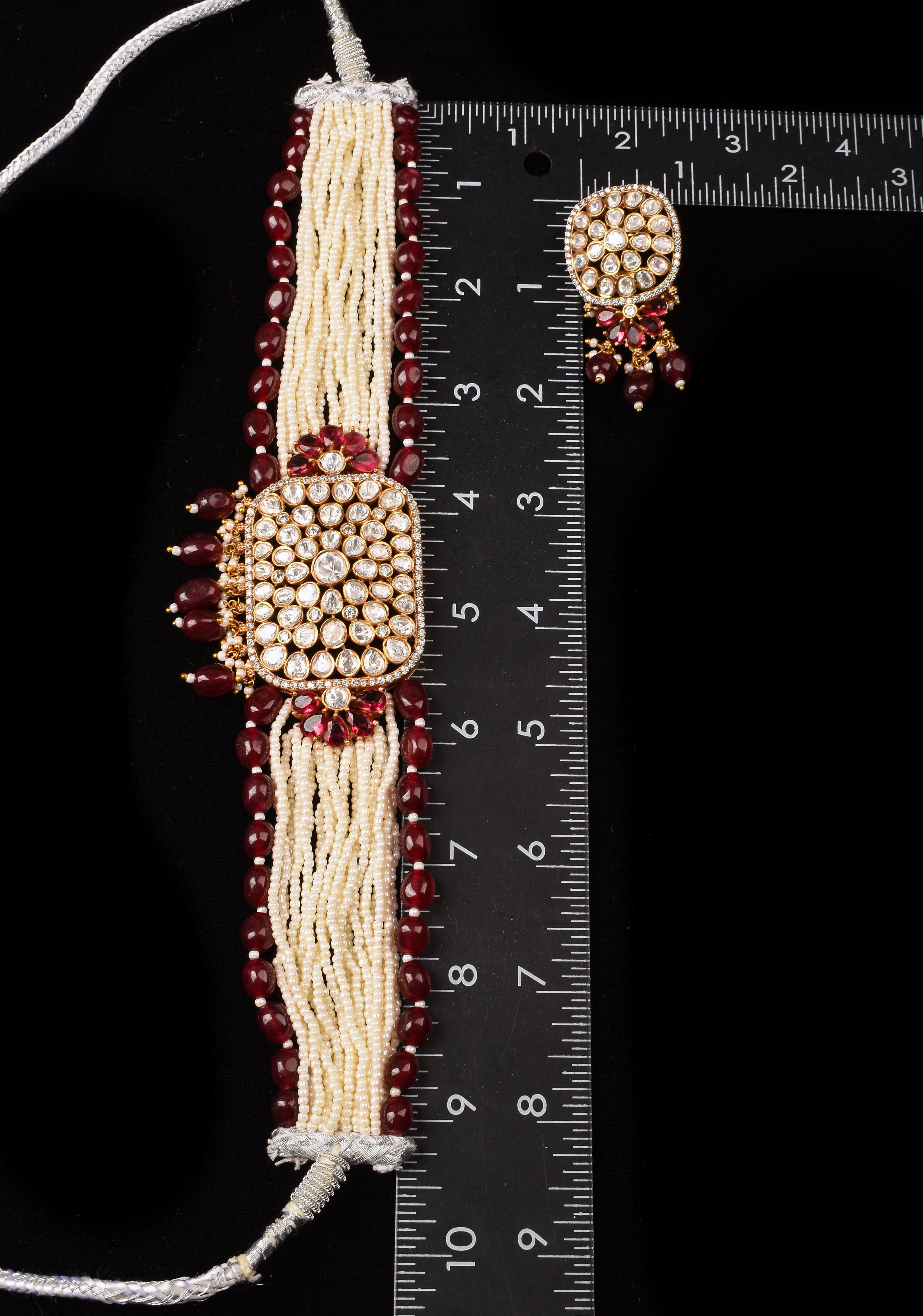 Kundan Multistrand White beads Necklace Set with Maroon Dangling Pearl Clusters | Shobitam Jewelry