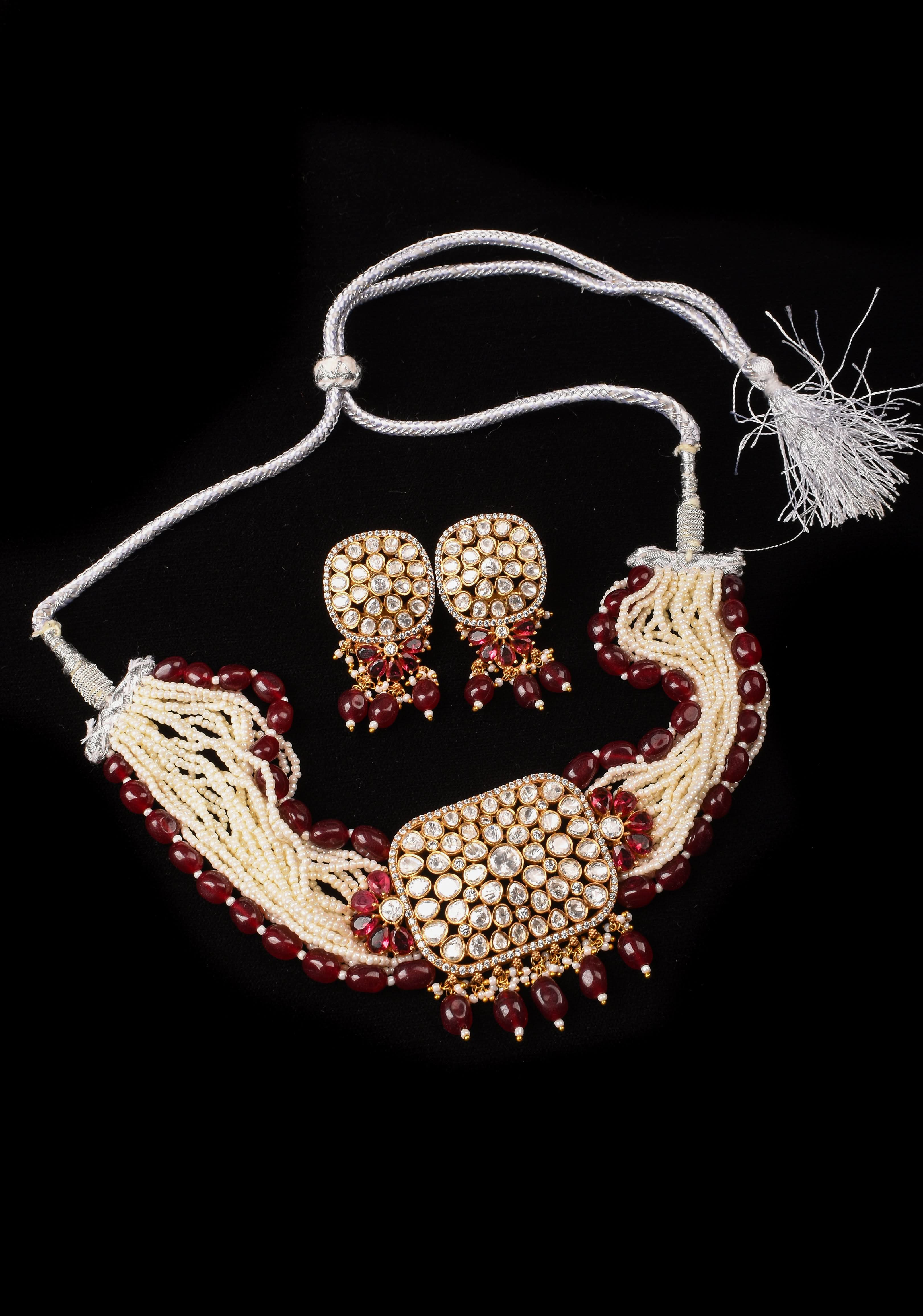 Kundan Multistrand White beads Necklace Set with Maroon Dangling Pearl Clusters | Shobitam Jewelry