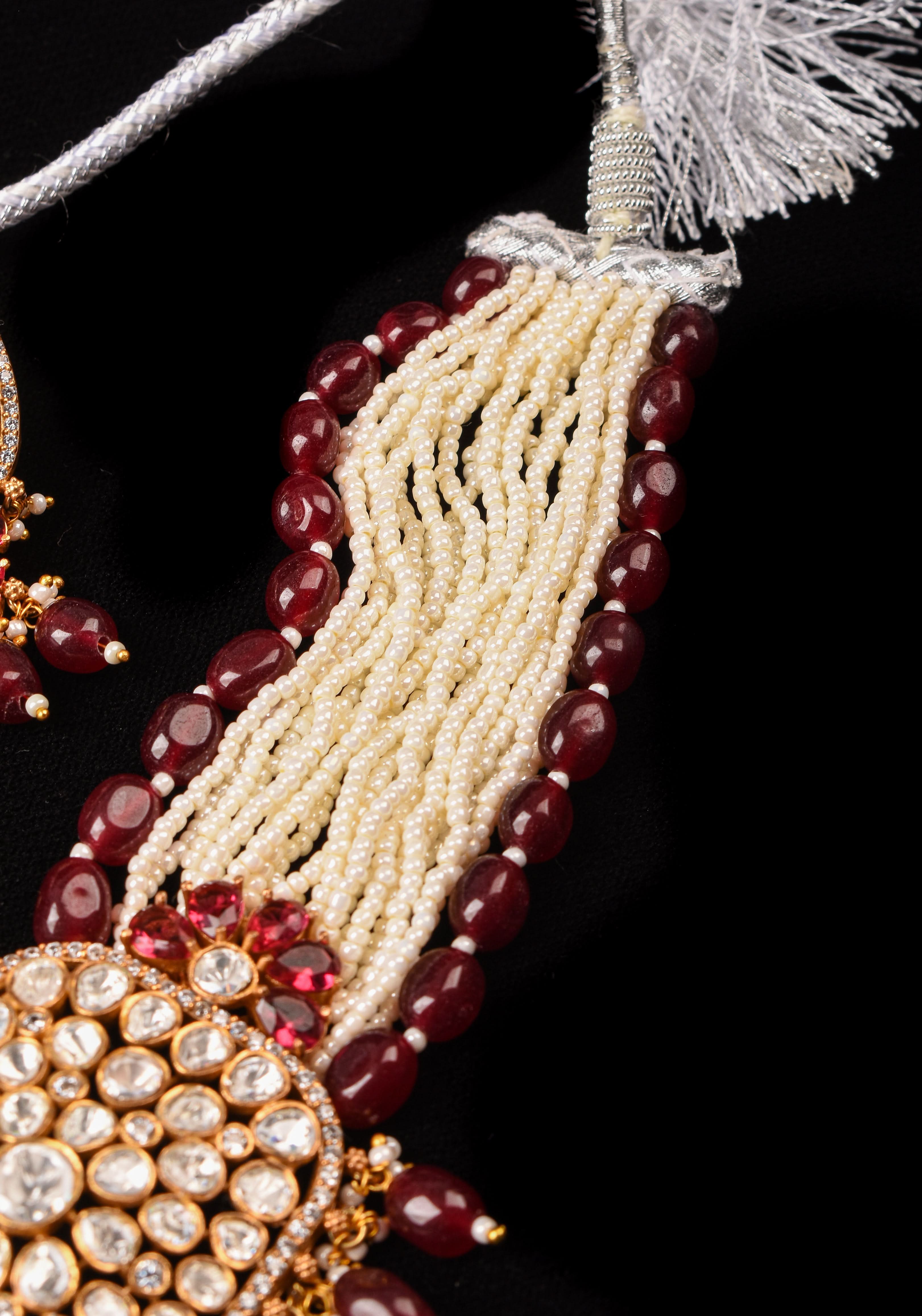 Kundan Multistrand White beads Necklace Set with Maroon Dangling Pearl Clusters | Shobitam Jewelry
