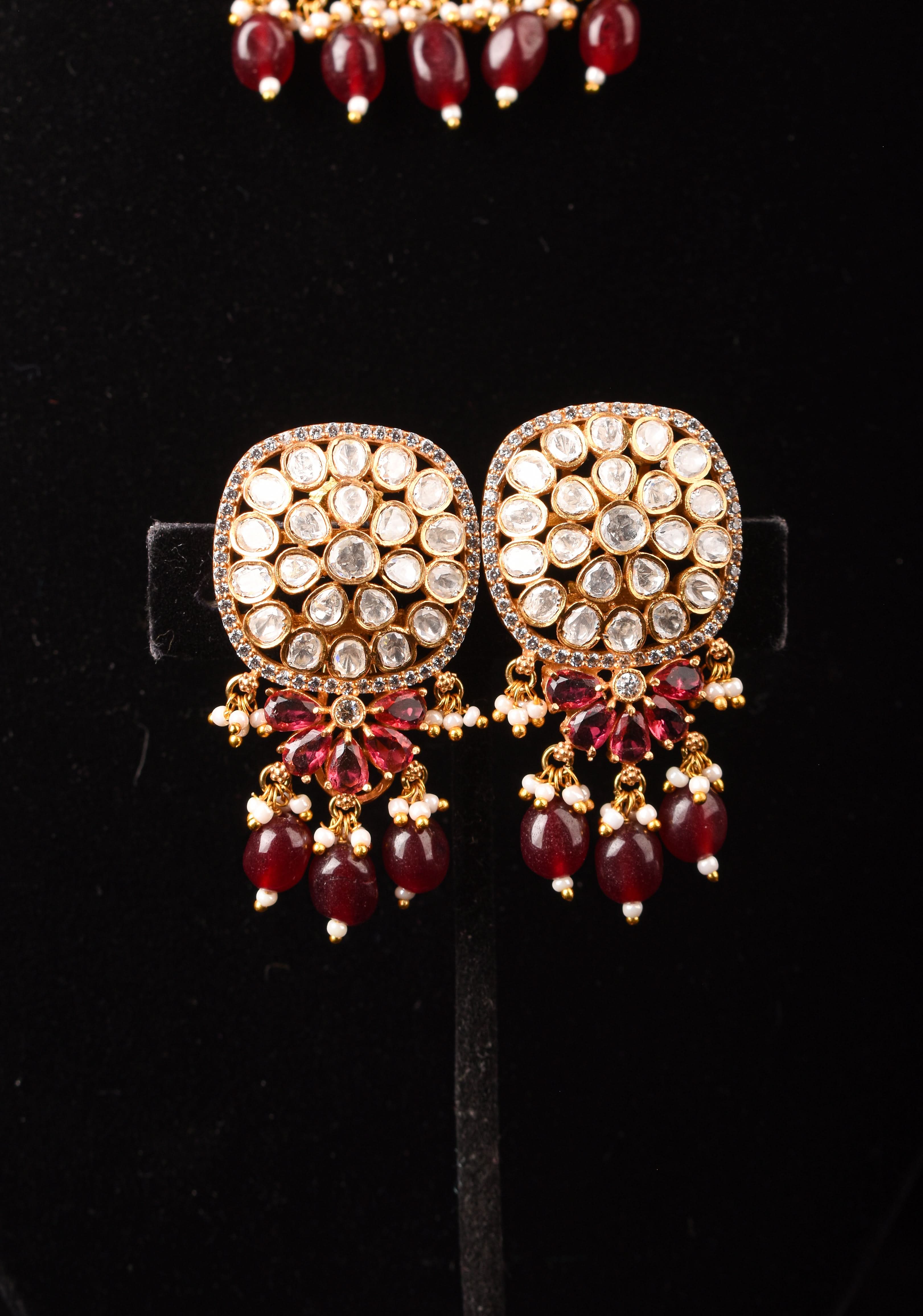 Kundan Multistrand White beads Necklace Set with Maroon Dangling Pearl Clusters | Shobitam Jewelry