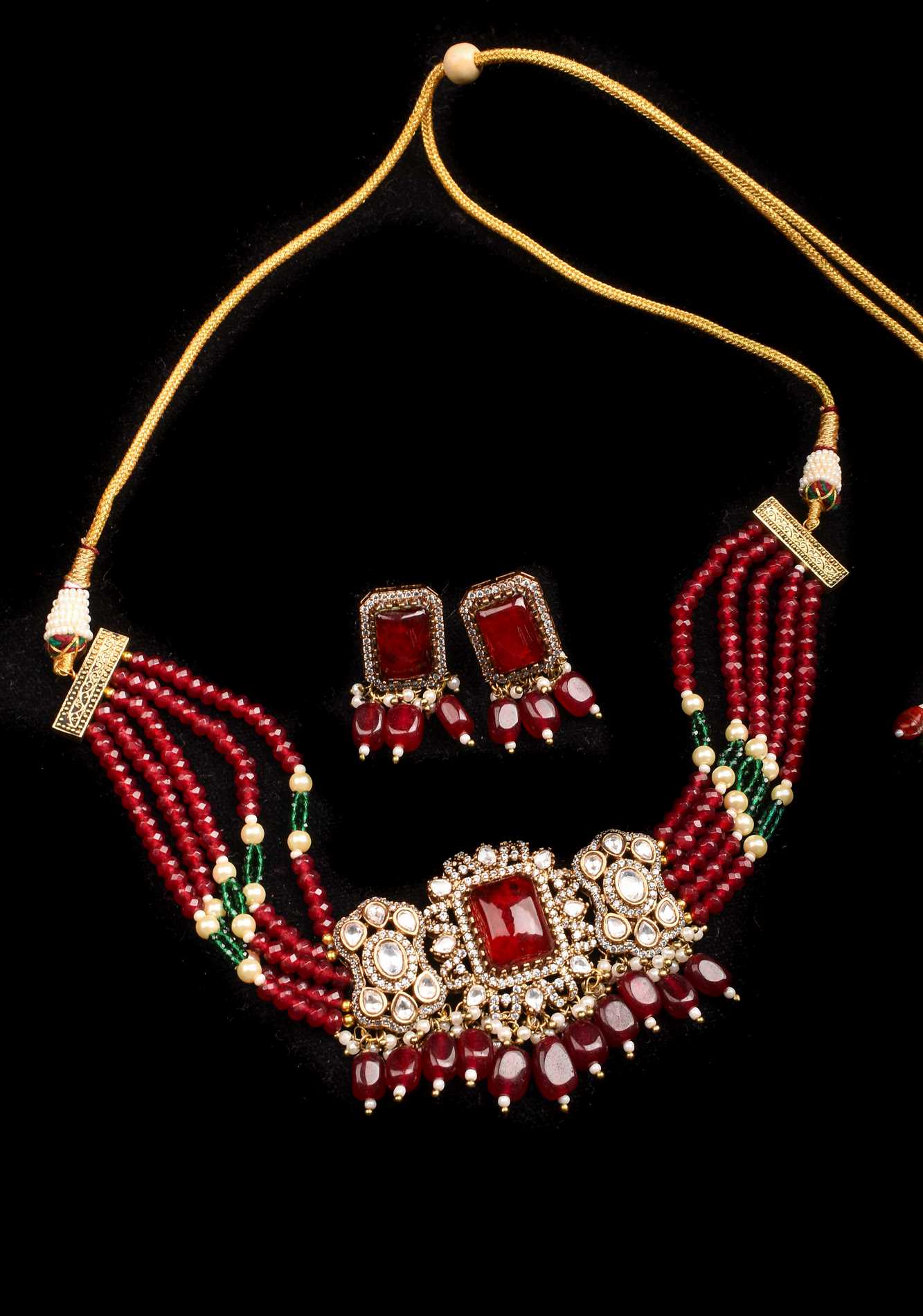 Multilayer Red Beads kundan Choker set with dangling Red Beads