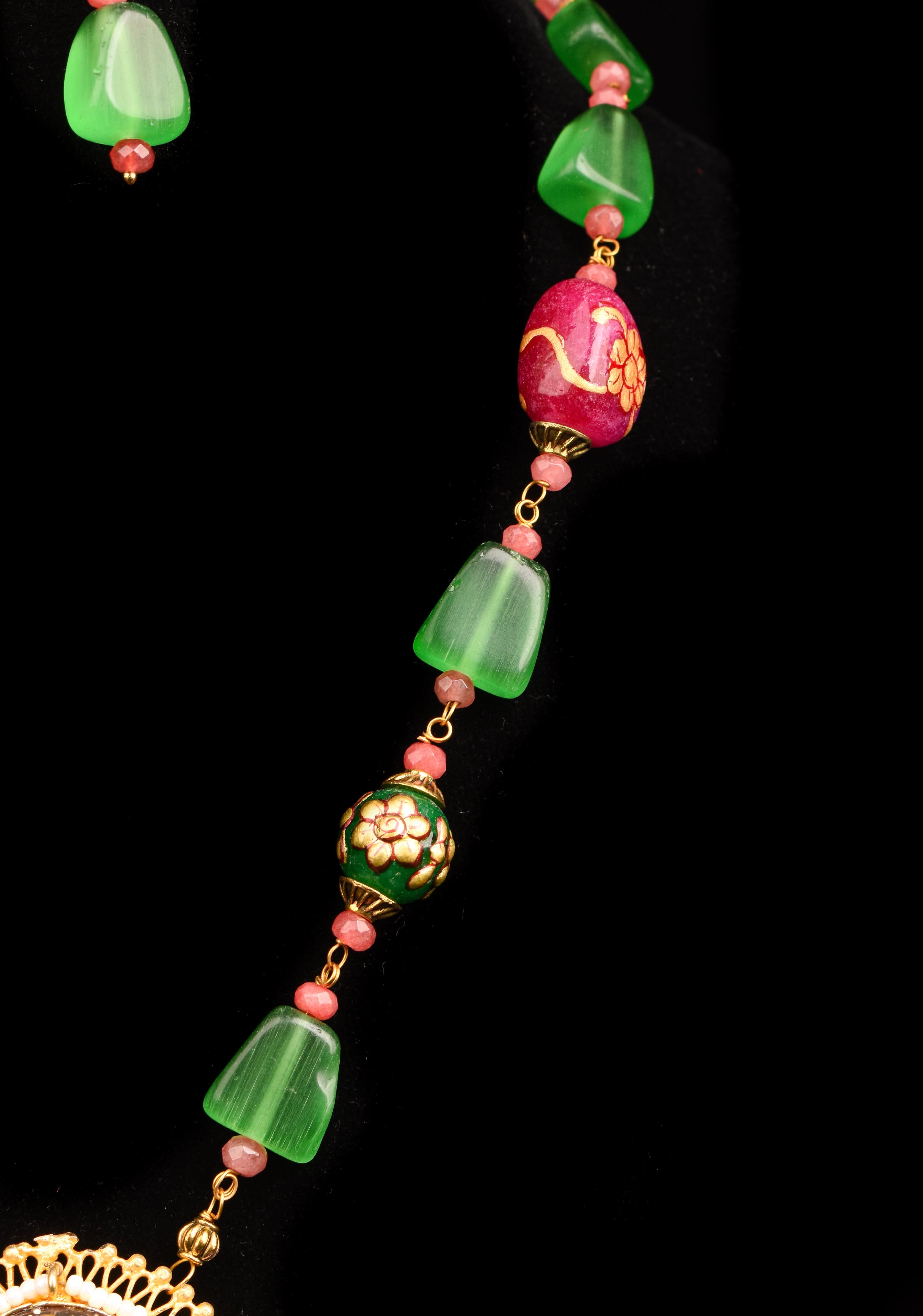 Green beads Necklace Set with Meenakari Hand painted Peacock Design Pendant | Shobitam