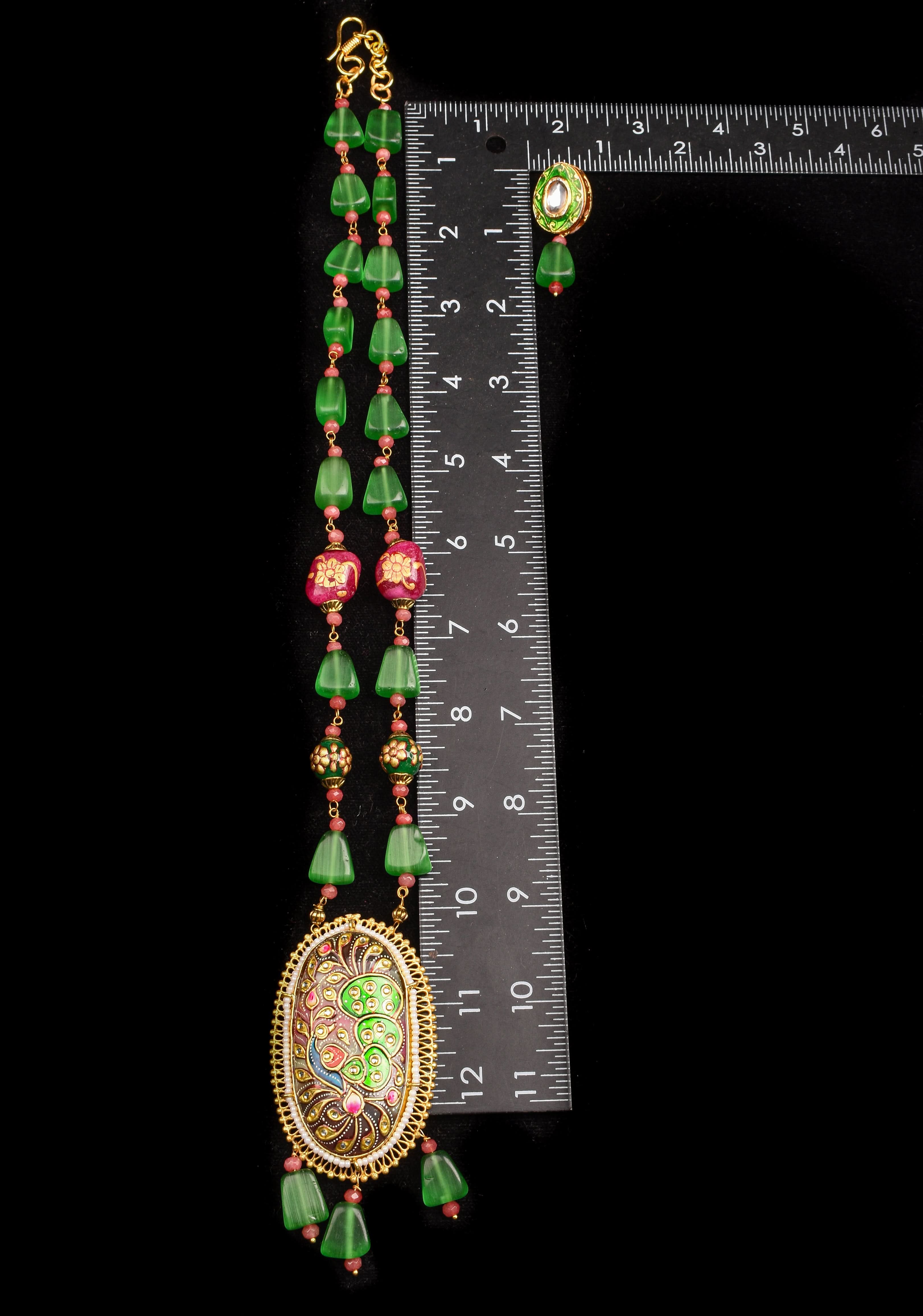 Green beads Necklace Set with Meenakari Hand painted Peacock Design Pendant | Shobitam