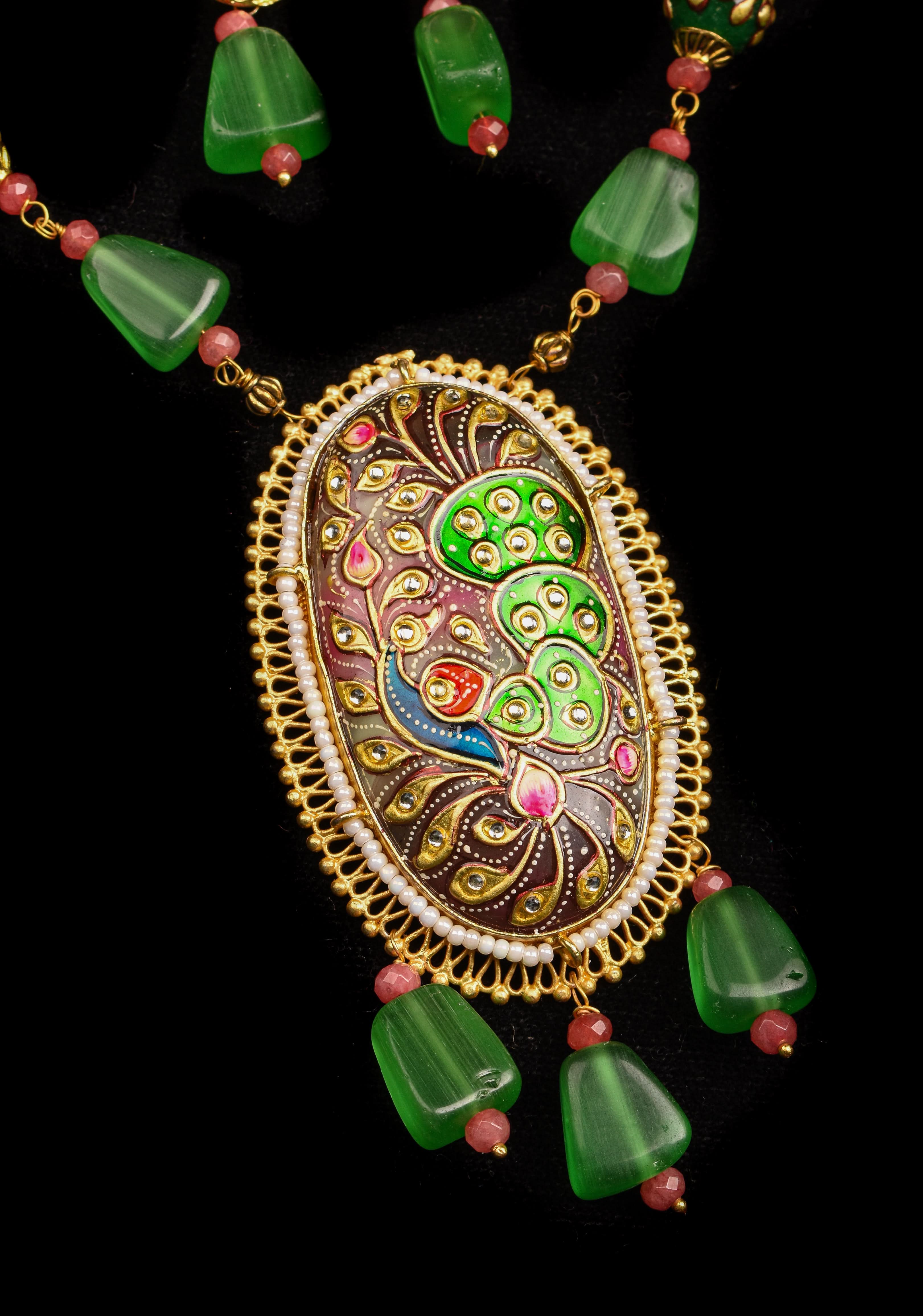 Green beads Necklace Set with Meenakari Hand painted Peacock Design Pendant | Shobitam