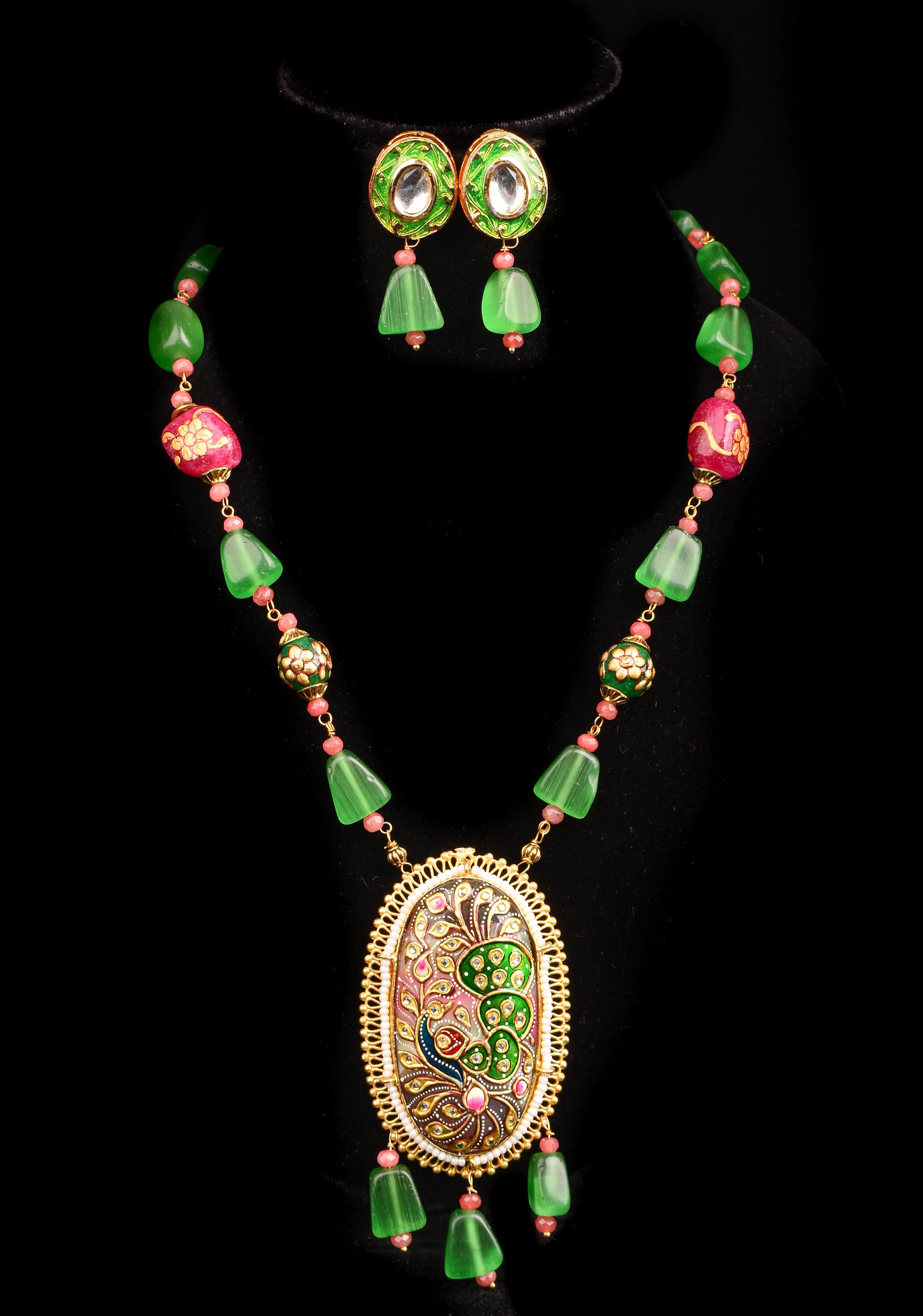 Green beads Necklace Set with Meenakari Hand painted Peacock Design Pendant | Shobitam