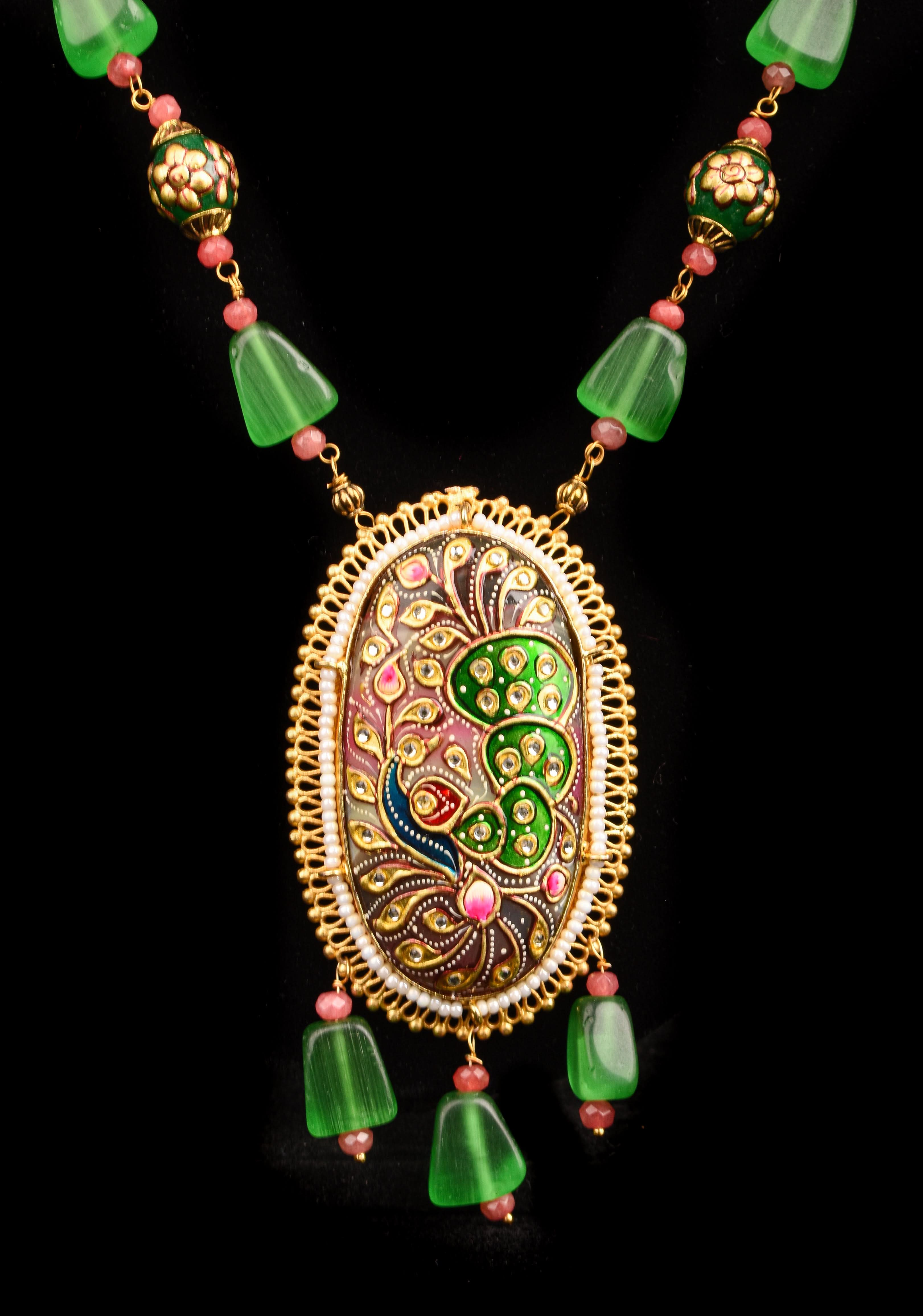 Green beads Necklace Set with Meenakari Hand painted Peacock Design Pendant | Shobitam