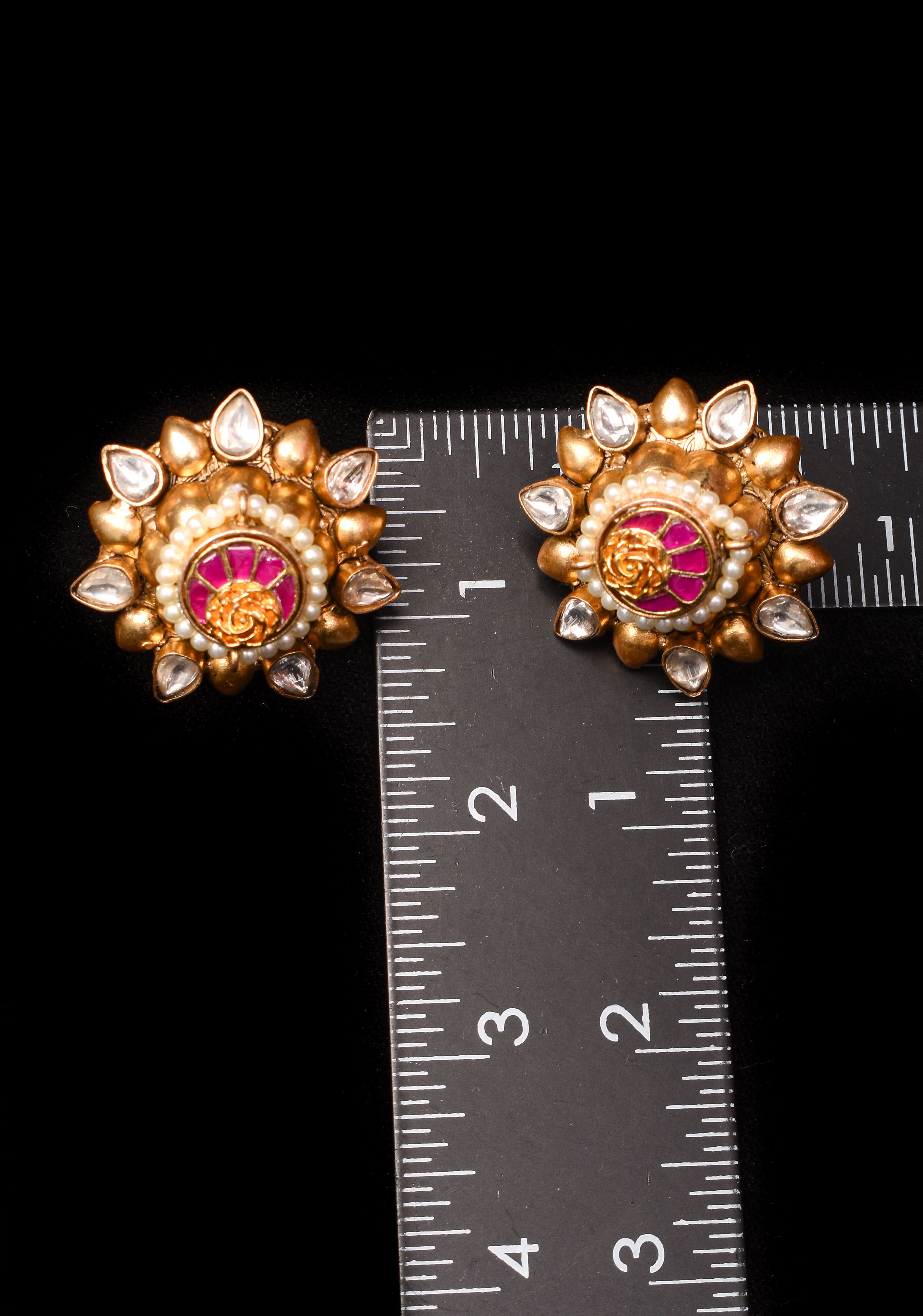 Gold statement studs with Pink Kundan embellishments, lightweight jewelry  | Shobitam Jewelry