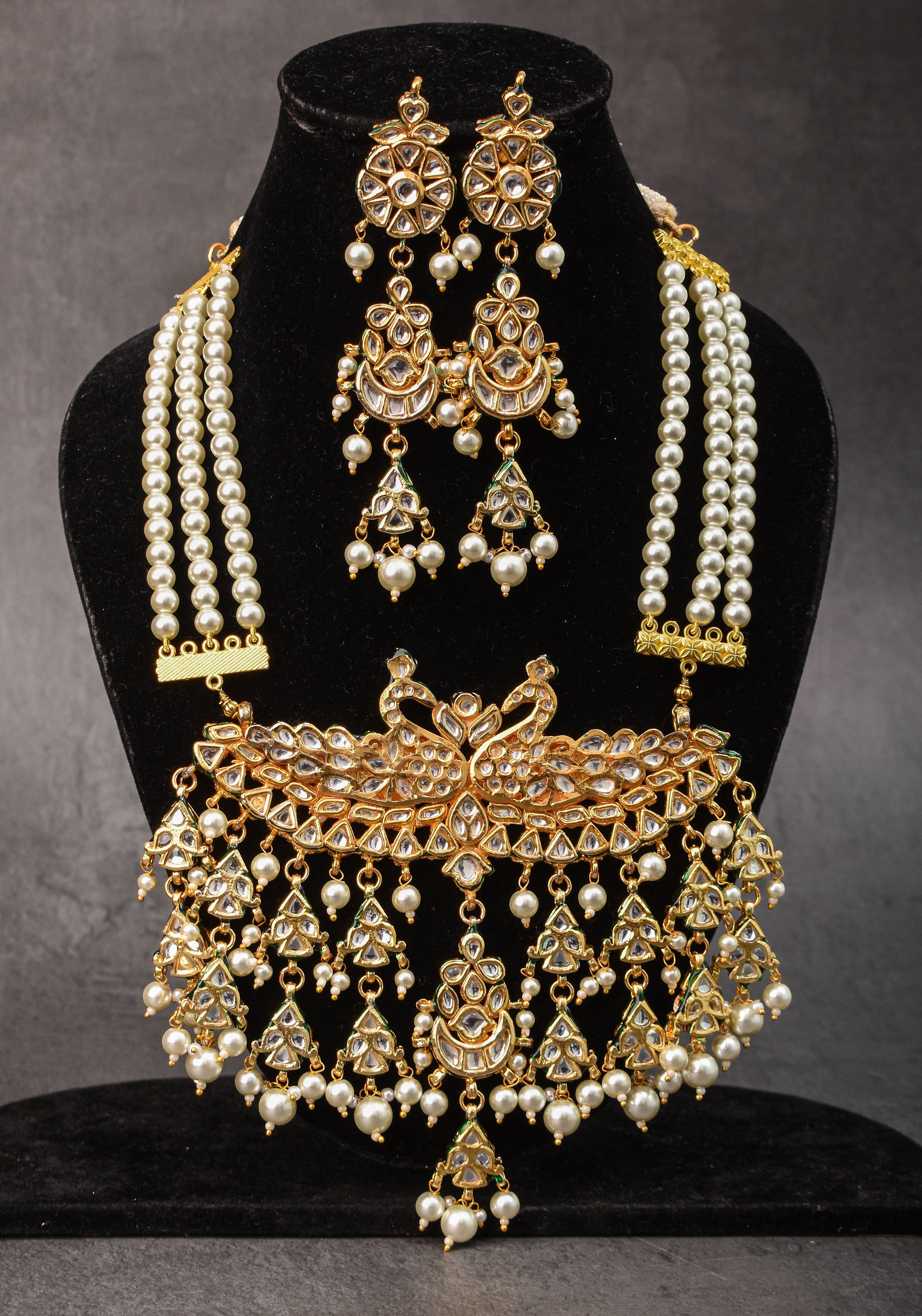 Statement Twin Peacock White Kundan Necklace Set with three rows of beads and 4.2" Long Earrings | SHOBITAM