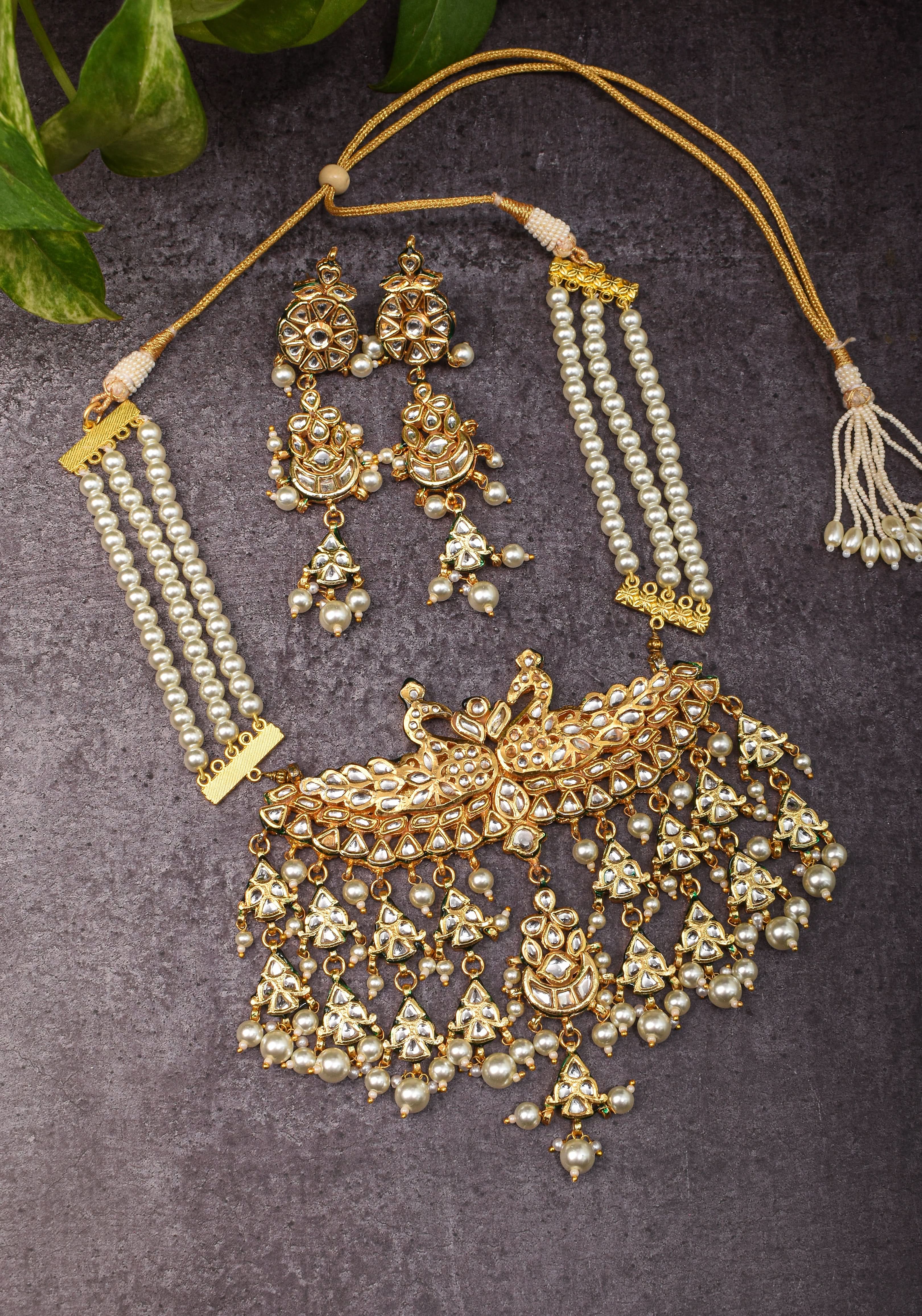 Statement Twin Peacock White Kundan Necklace Set with three rows of beads and 4.2" Long Earrings | SHOBITAM